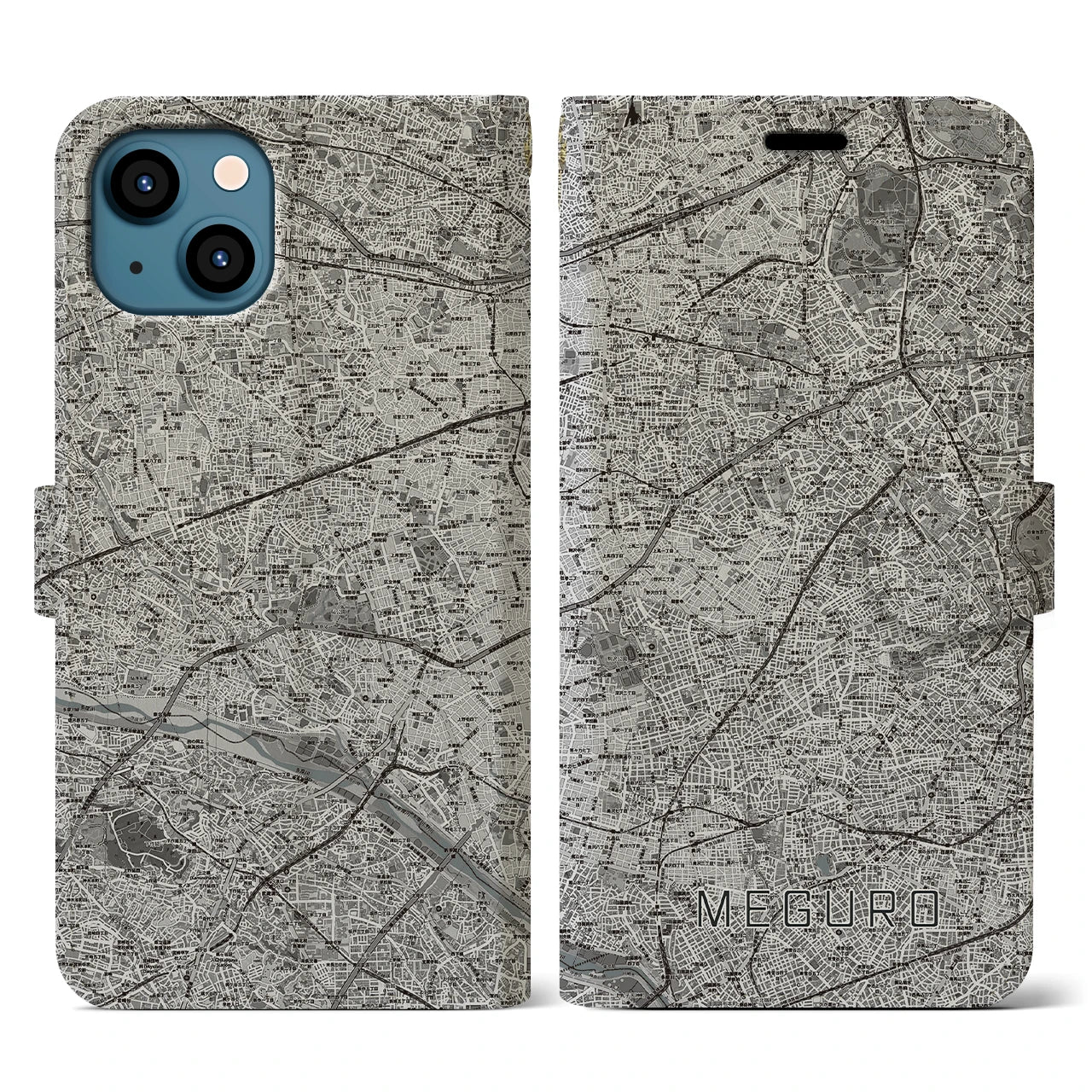 【目黒2(東京都)】地図柄iPhoneケース(手帳タイプ)モノトーン・iPhone 13 用