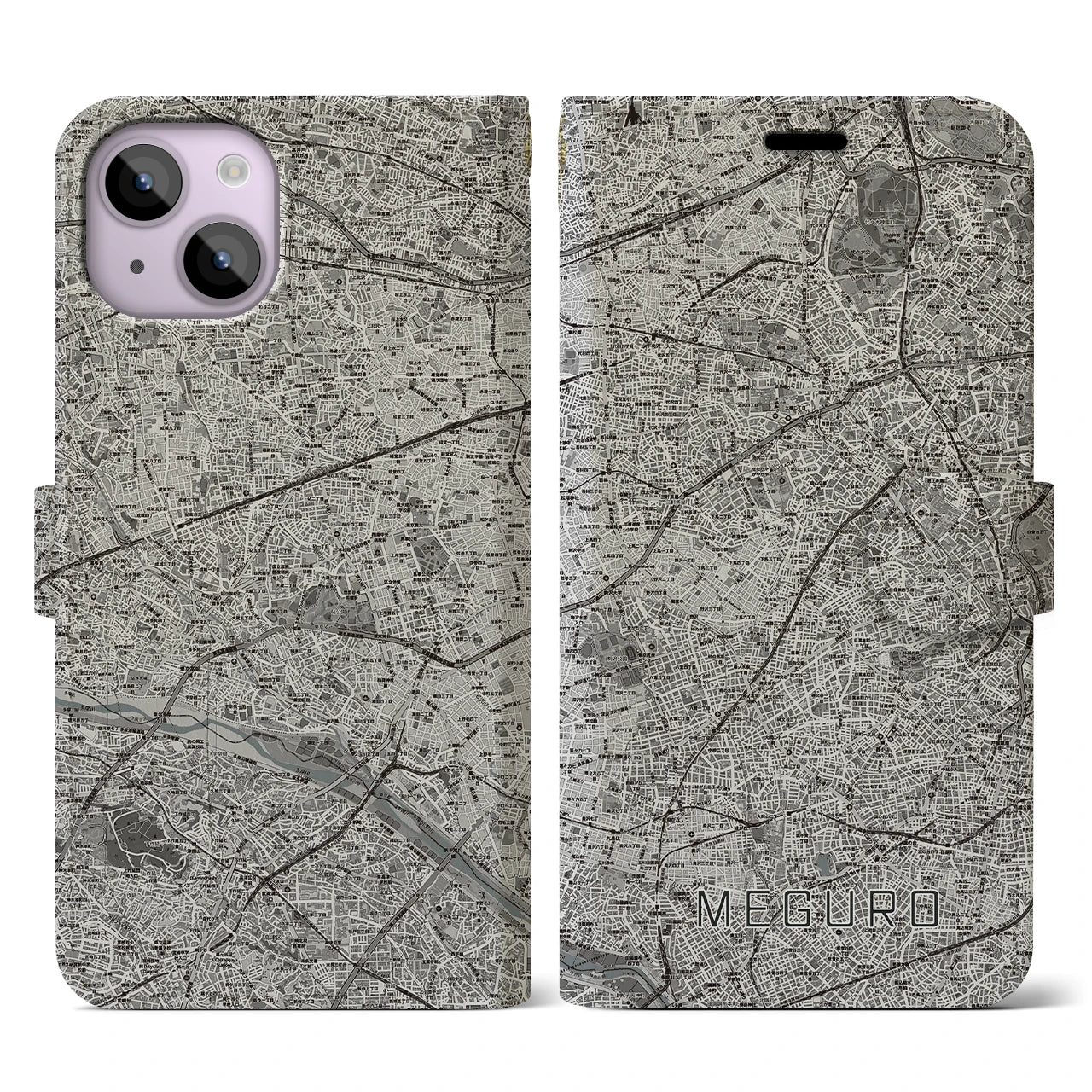 【目黒2(東京都)】地図柄iPhoneケース(手帳タイプ)モノトーン・iPhone 14 用