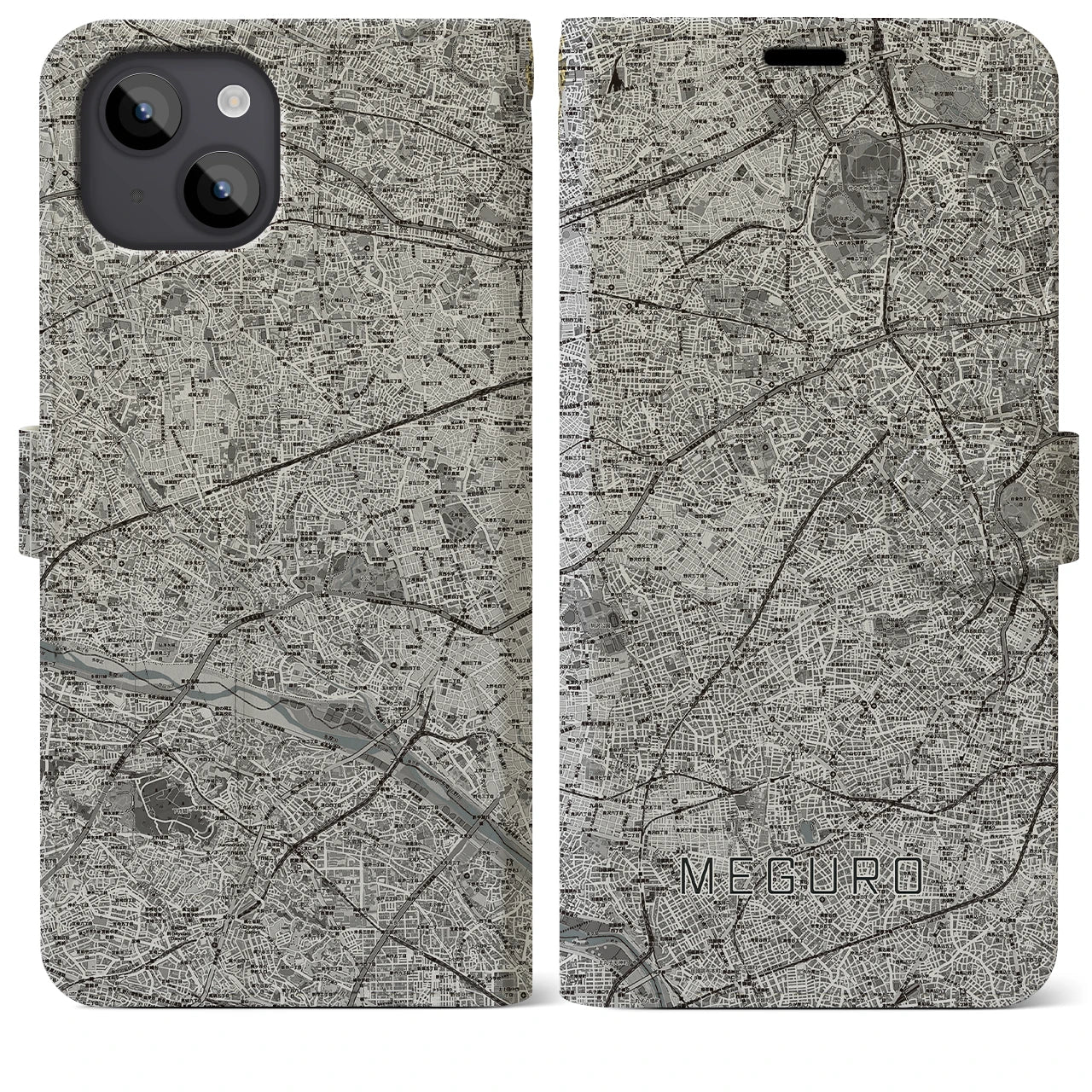 【目黒2(東京都)】地図柄iPhoneケース(手帳タイプ)モノトーン・iPhone 14 Plus 用
