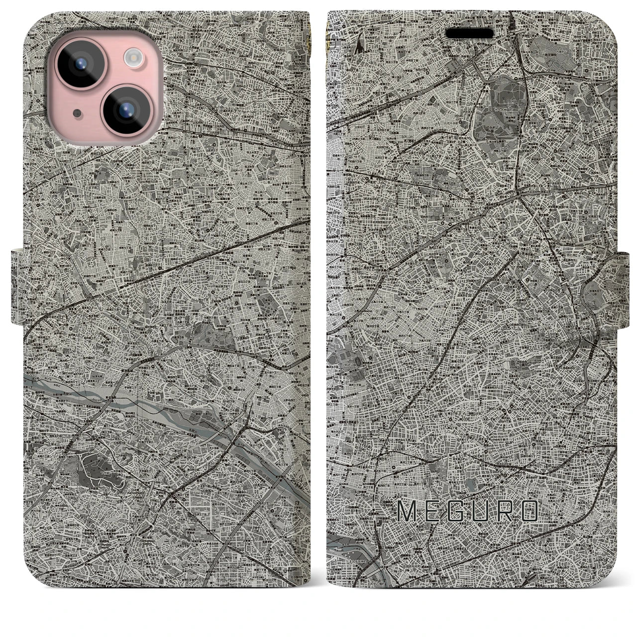 【目黒2(東京都)】地図柄iPhoneケース(手帳タイプ)モノトーン・iPhone 15 Plus 用