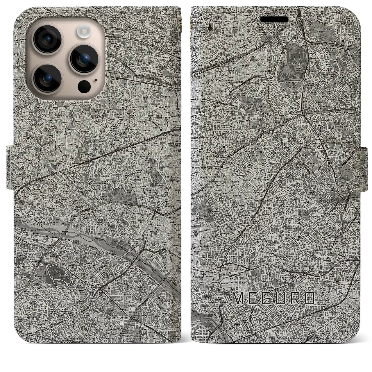 【目黒2(東京都)】地図柄iPhoneケース(手帳タイプ)モノトーン・iPhone 16 Plus 用
