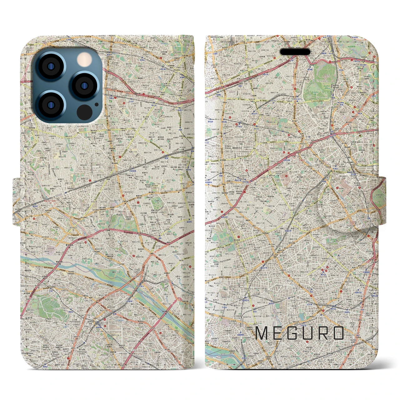 【目黒2(東京都)】地図柄iPhoneケース(手帳タイプ)ナチュラル・iPhone 12 / 12 Pro 用
