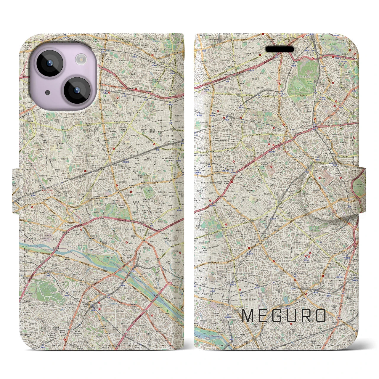 【目黒2(東京都)】地図柄iPhoneケース(手帳タイプ)ナチュラル・iPhone 14 用
