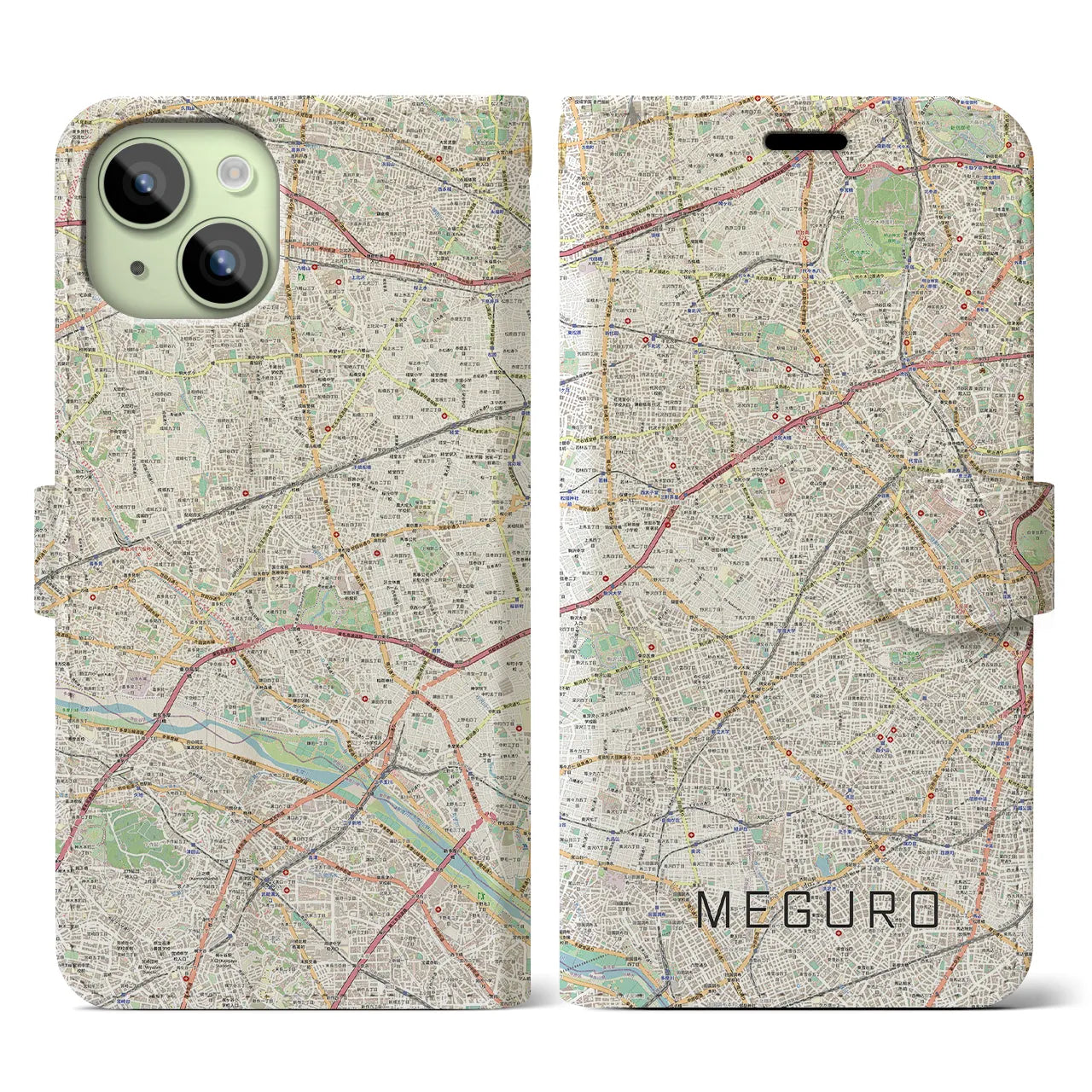 【目黒2(東京都)】地図柄iPhoneケース(手帳タイプ)ナチュラル・iPhone 15 用