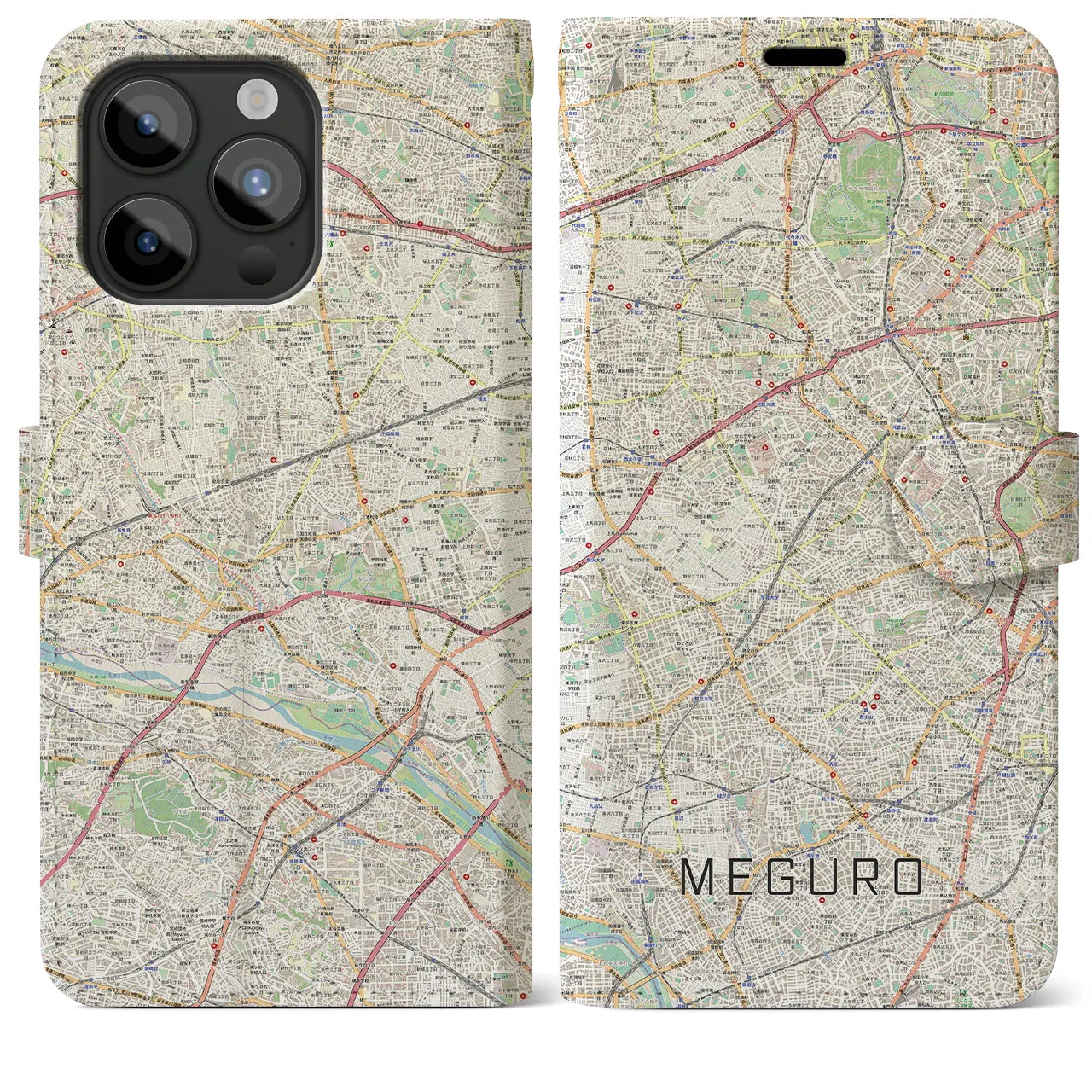 【目黒2(東京都)】地図柄iPhoneケース(手帳タイプ)ナチュラル・iPhone 15 Pro Max 用