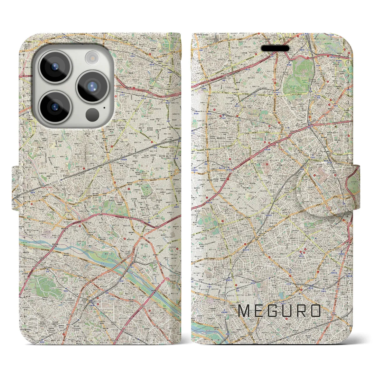 【目黒2(東京都)】地図柄iPhoneケース(手帳タイプ)ナチュラル・iPhone 15 Pro 用