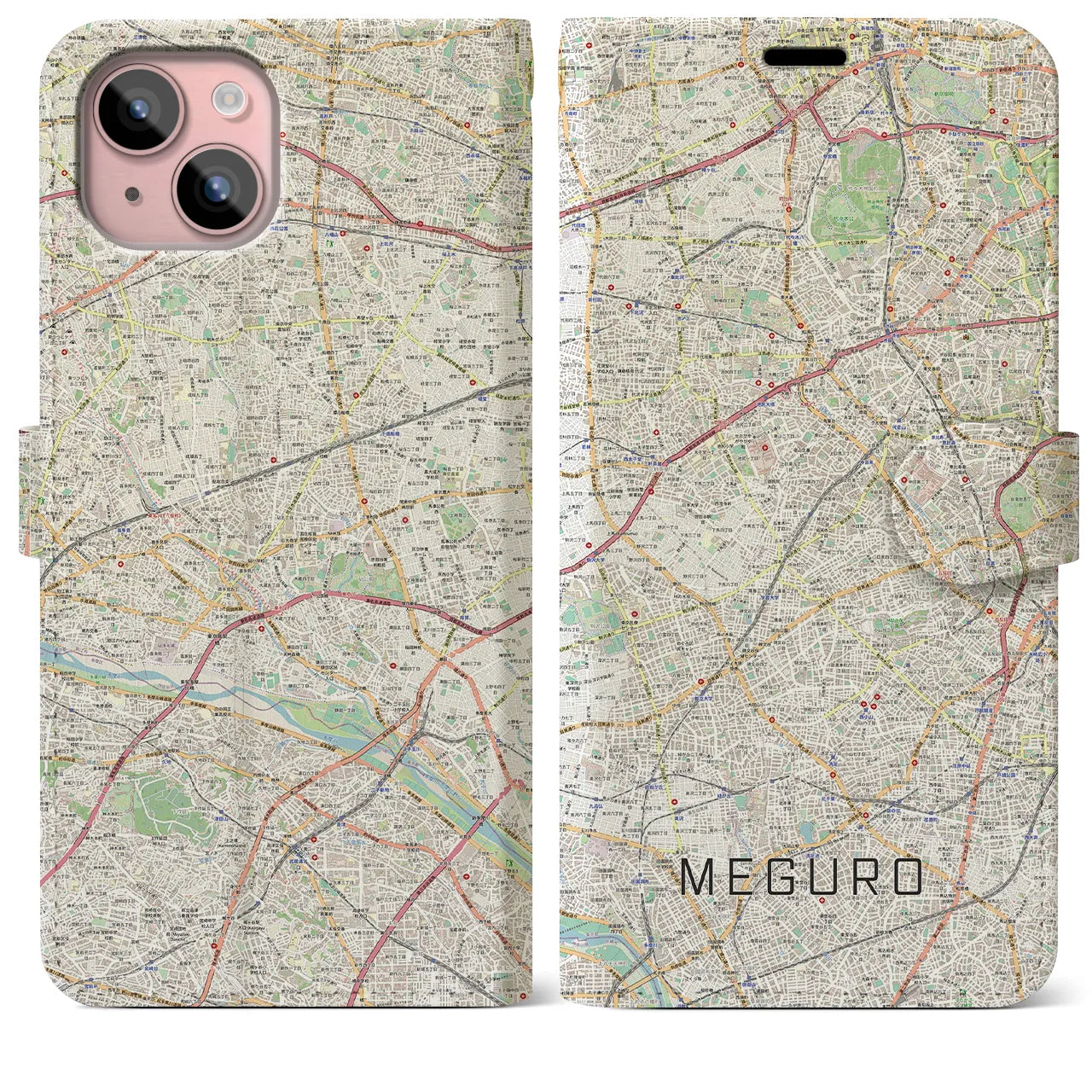 【目黒2(東京都)】地図柄iPhoneケース(手帳タイプ)ナチュラル・iPhone 15 Plus 用