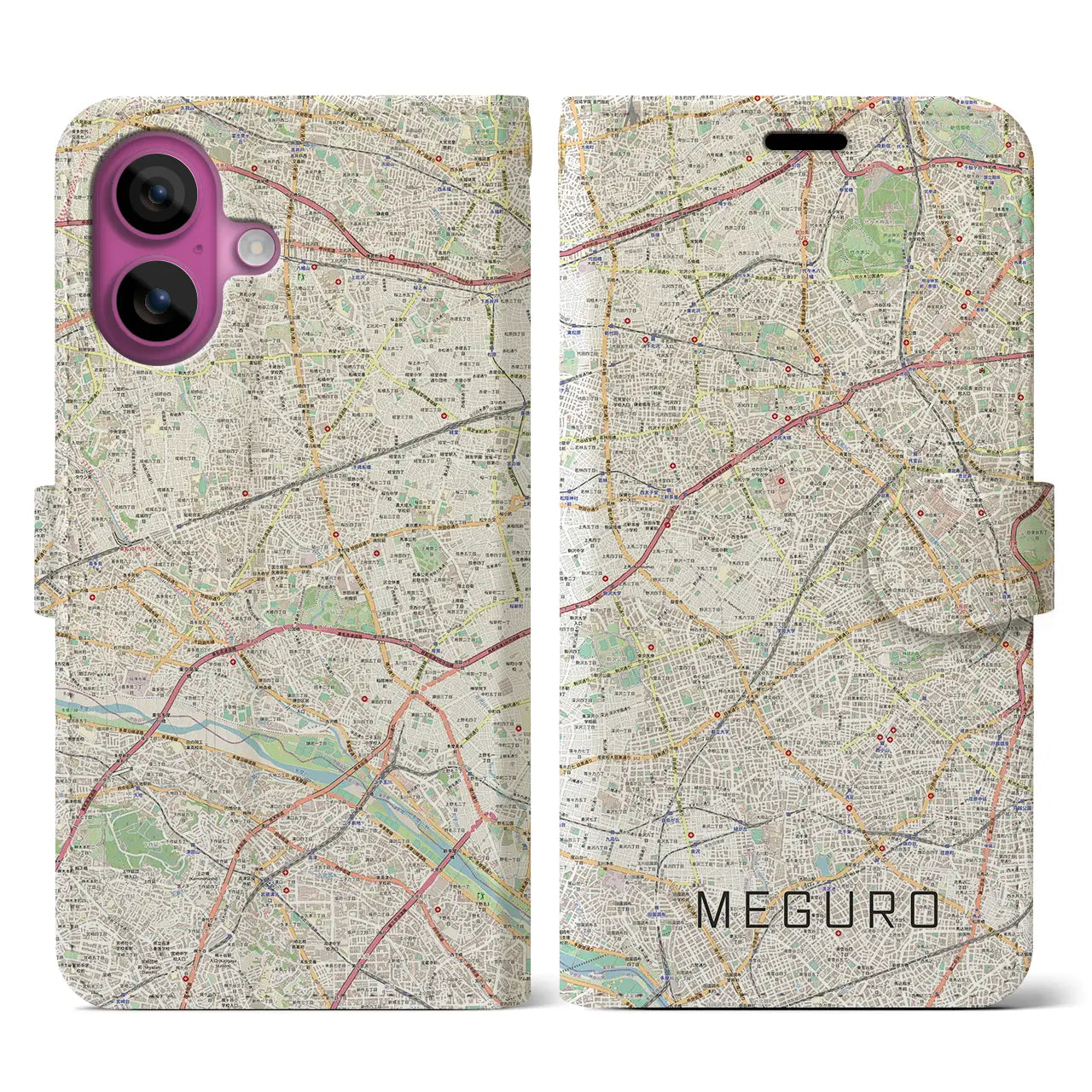 【目黒2(東京都)】地図柄iPhoneケース(手帳タイプ)ナチュラル・iPhone 16 Pro 用