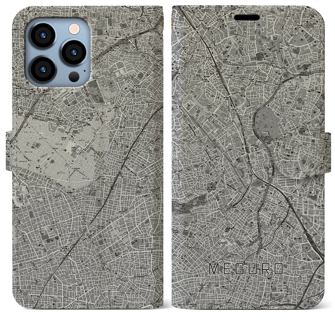【目黒(東京都)】地図柄iPhoneケース(手帳タイプ)モノトーン・iPhone 13 Pro Max 用