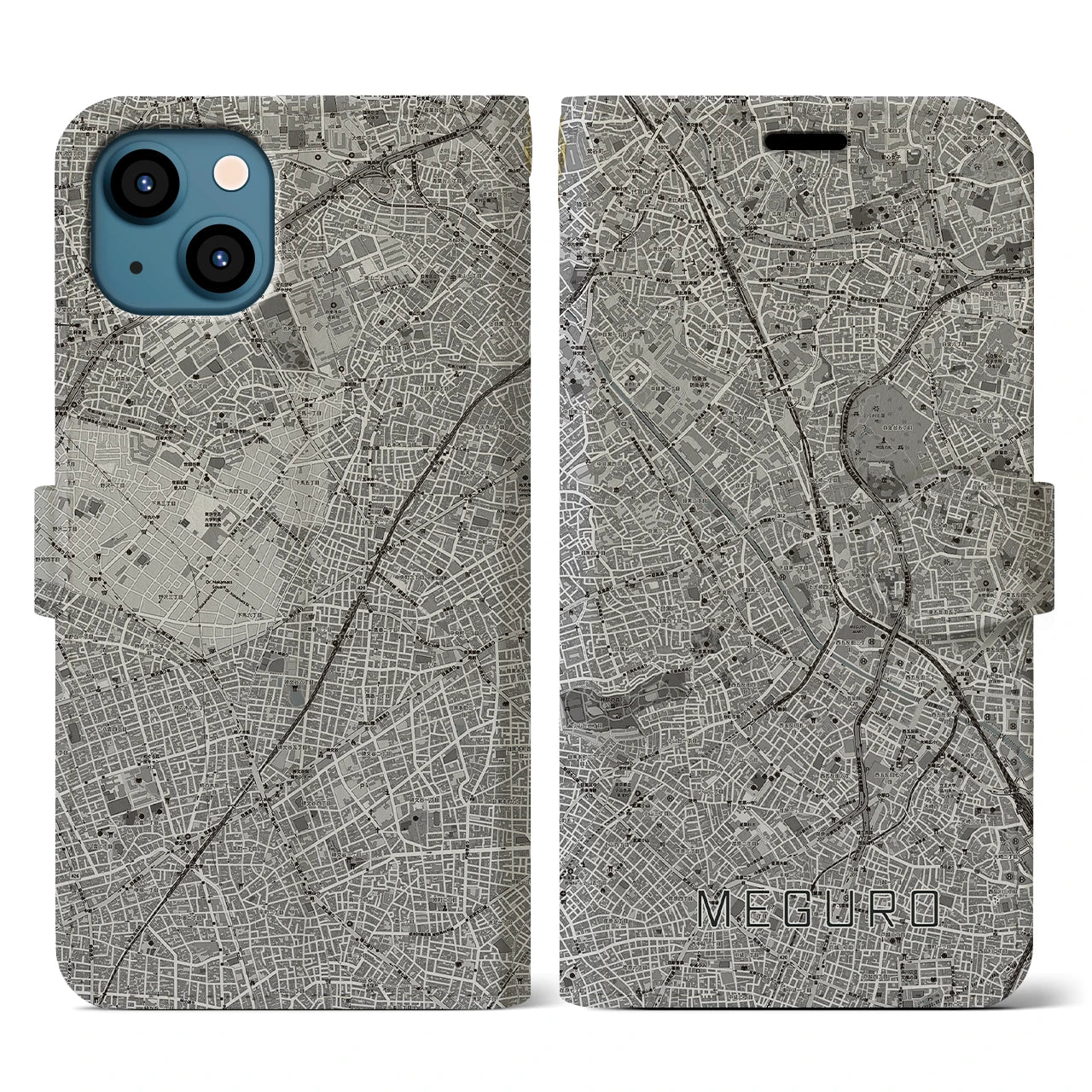【目黒(東京都)】地図柄iPhoneケース(手帳タイプ)モノトーン・iPhone 13 用