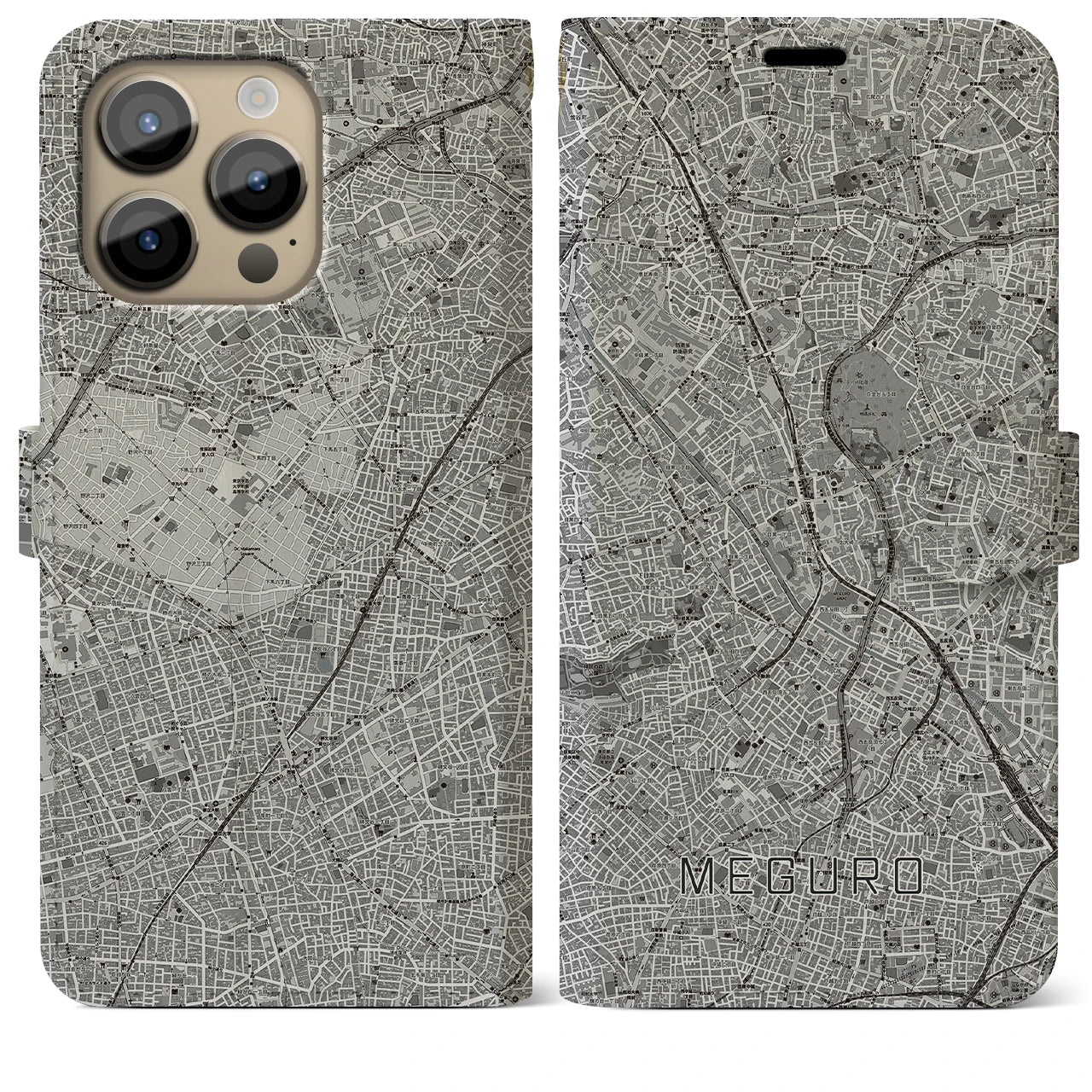 【目黒(東京都)】地図柄iPhoneケース(手帳タイプ)モノトーン・iPhone 14 Pro Max 用