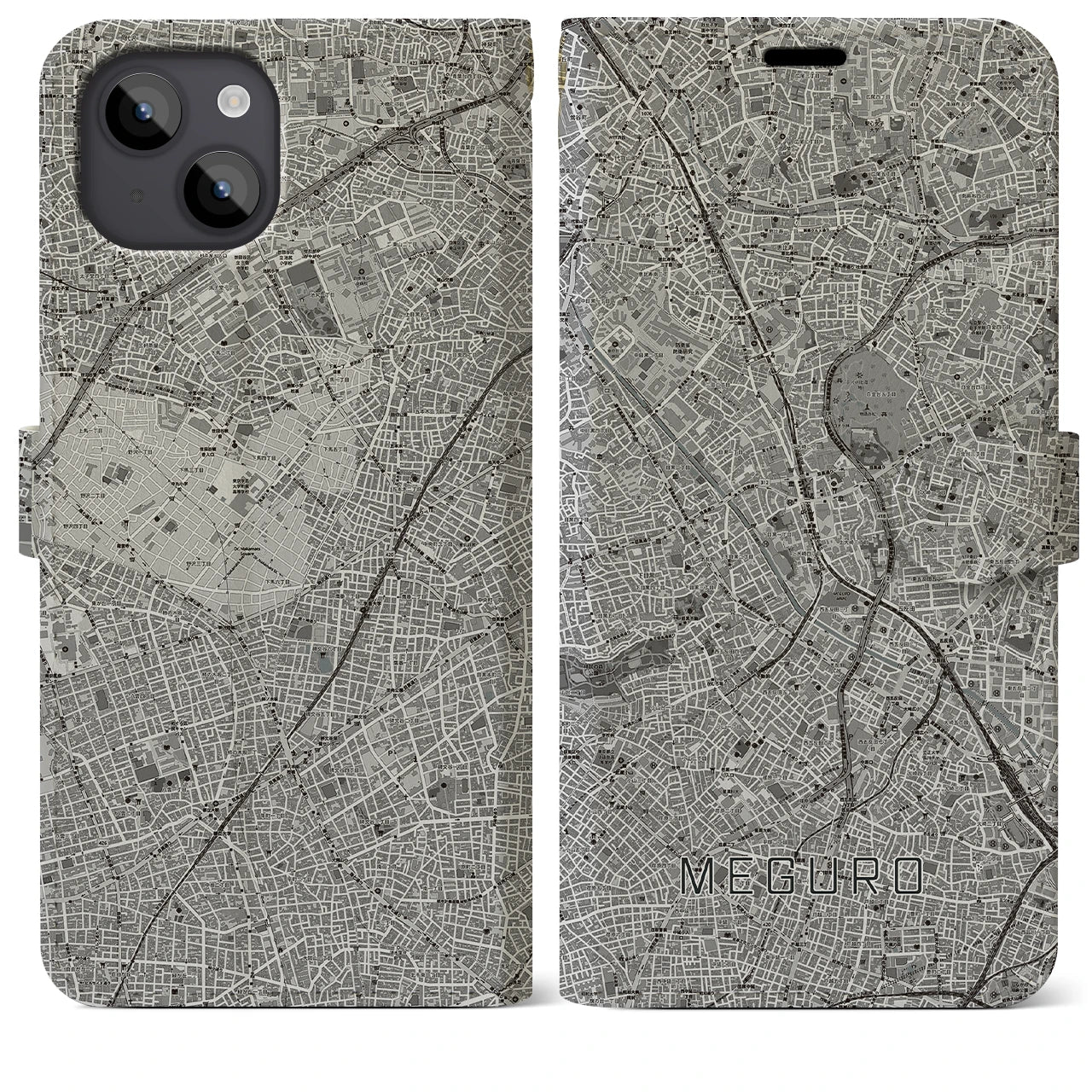 【目黒(東京都)】地図柄iPhoneケース(手帳タイプ)モノトーン・iPhone 14 Plus 用