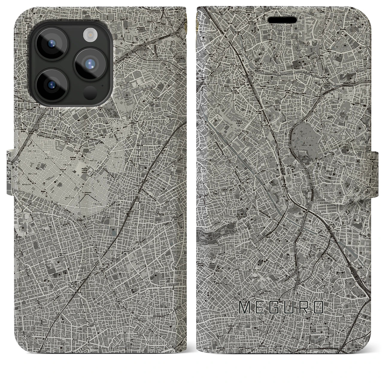 【目黒(東京都)】地図柄iPhoneケース(手帳タイプ)モノトーン・iPhone 15 Pro Max 用