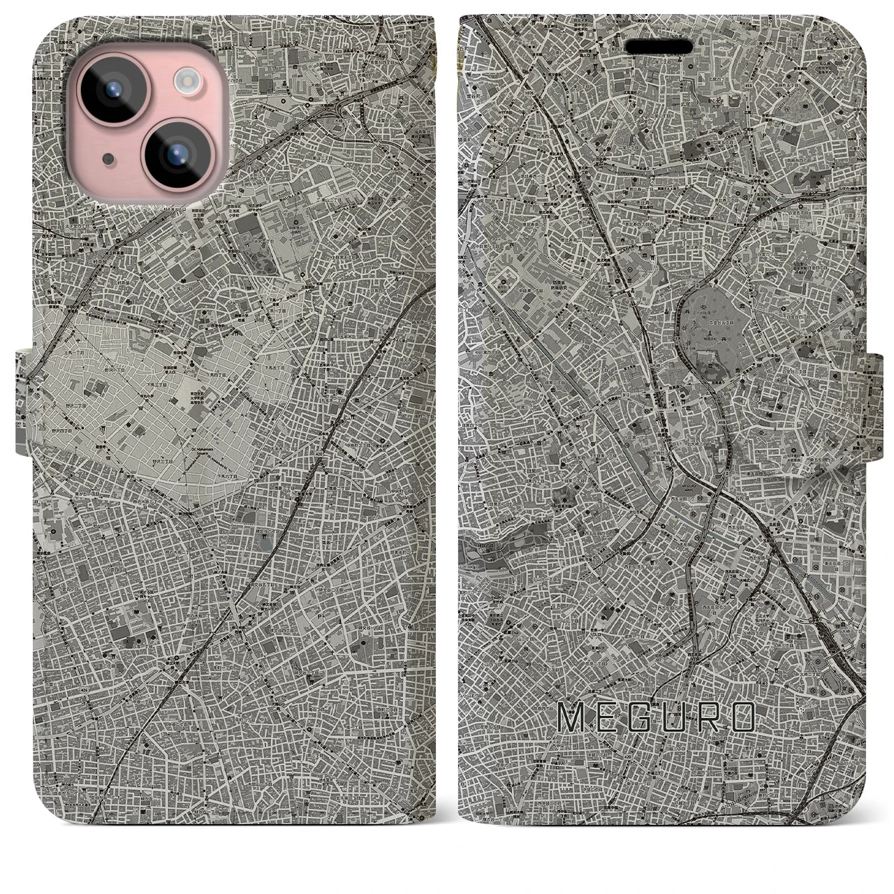 【目黒(東京都)】地図柄iPhoneケース(手帳タイプ)モノトーン・iPhone 15 Plus 用