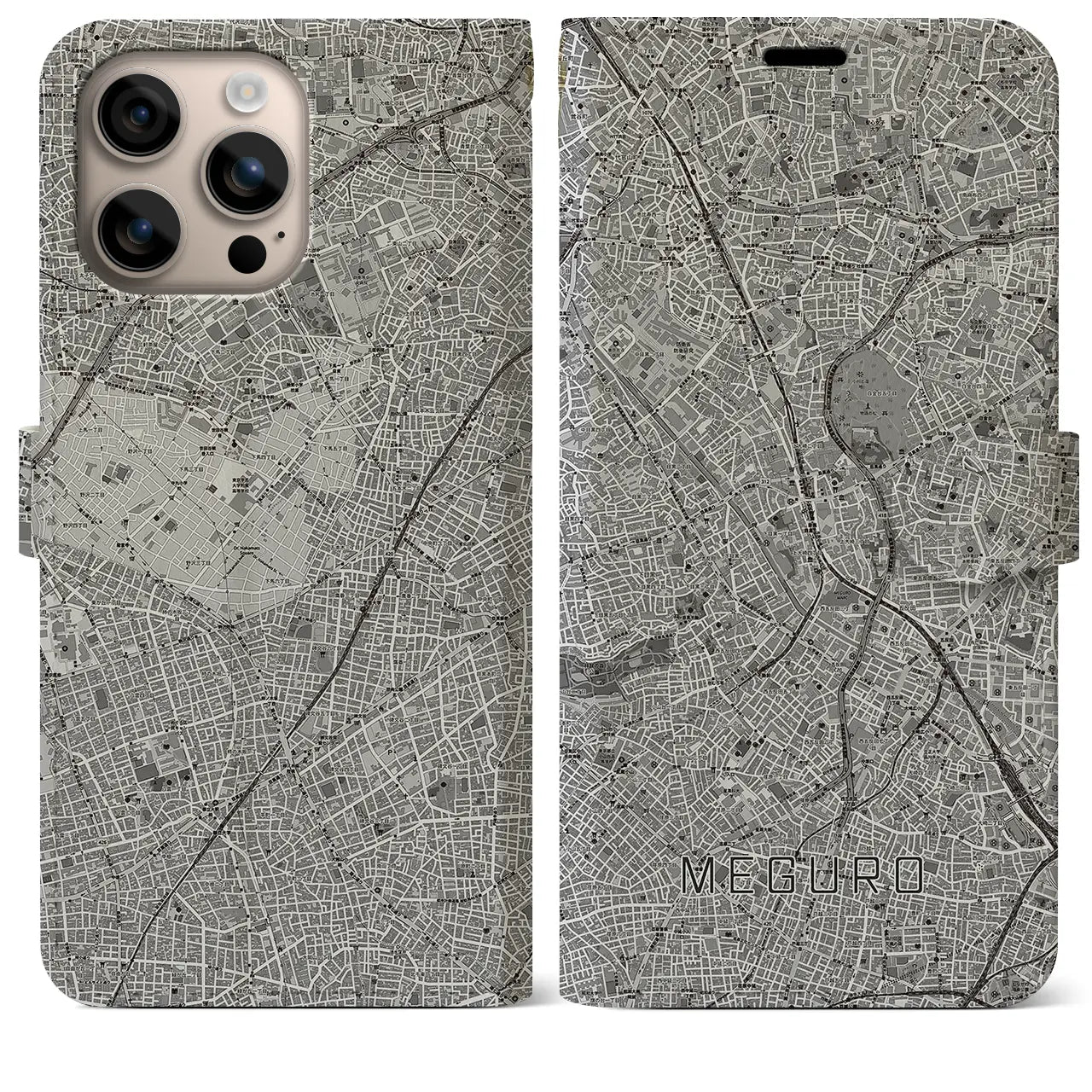 【目黒(東京都)】地図柄iPhoneケース(手帳タイプ)モノトーン・iPhone 16 Plus 用