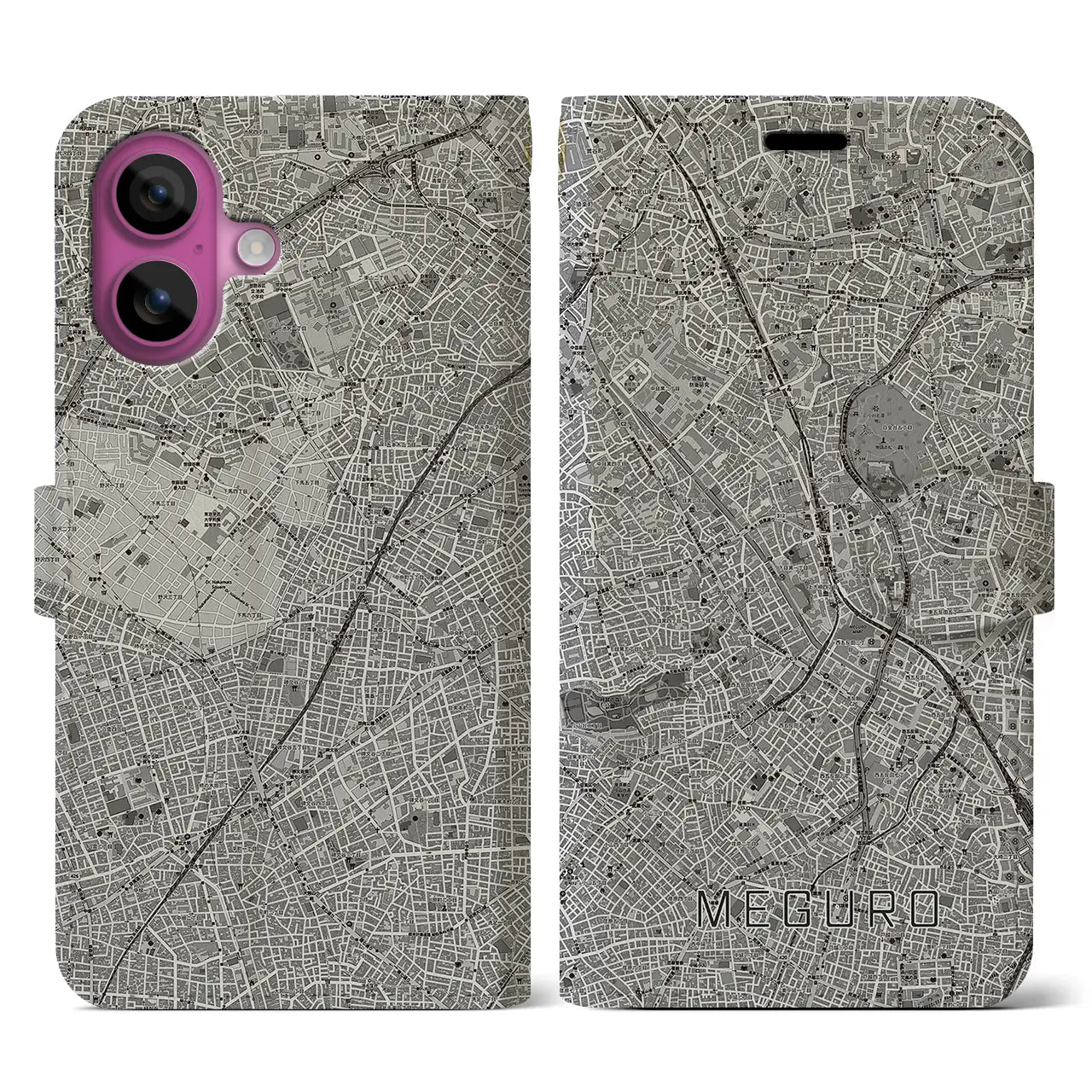 【目黒(東京都)】地図柄iPhoneケース(手帳タイプ)モノトーン・iPhone 16 Pro 用