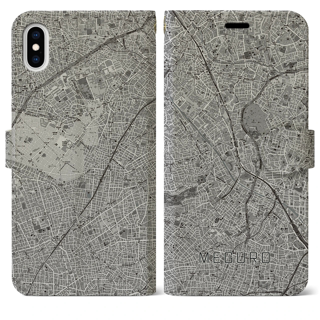 【目黒(東京都)】地図柄iPhoneケース(手帳タイプ)モノトーン・iPhone XS Max 用