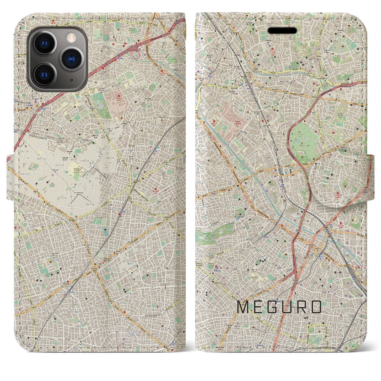 【目黒(東京都)】地図柄iPhoneケース(手帳タイプ)ナチュラル・iPhone 11 Pro Max 用