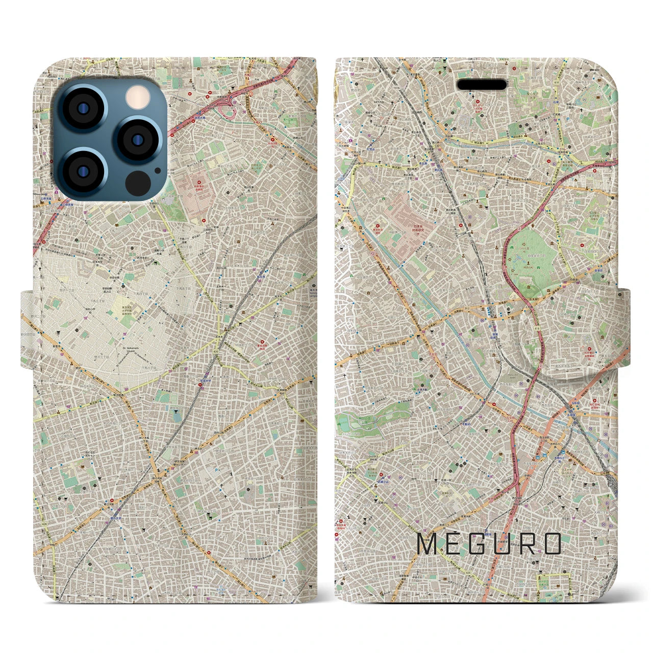 【目黒(東京都)】地図柄iPhoneケース(手帳タイプ)ナチュラル・iPhone 12 / 12 Pro 用