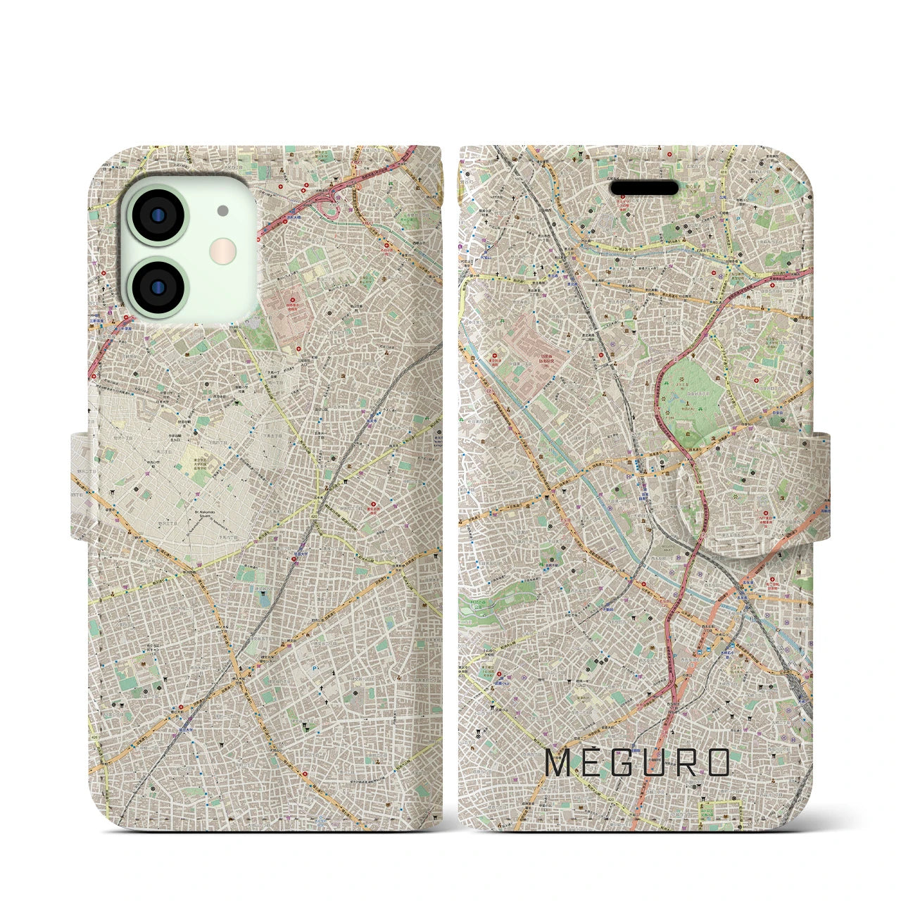 【目黒(東京都)】地図柄iPhoneケース(手帳タイプ)ナチュラル・iPhone 12 mini 用