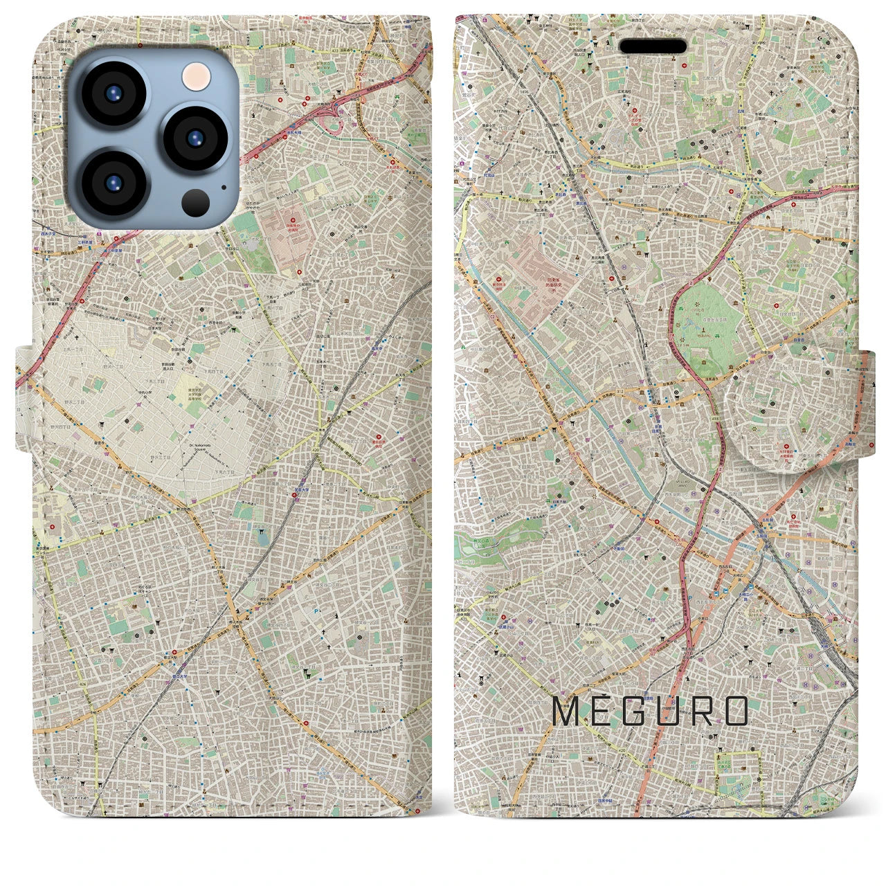 【目黒(東京都)】地図柄iPhoneケース(手帳タイプ)ナチュラル・iPhone 13 Pro Max 用