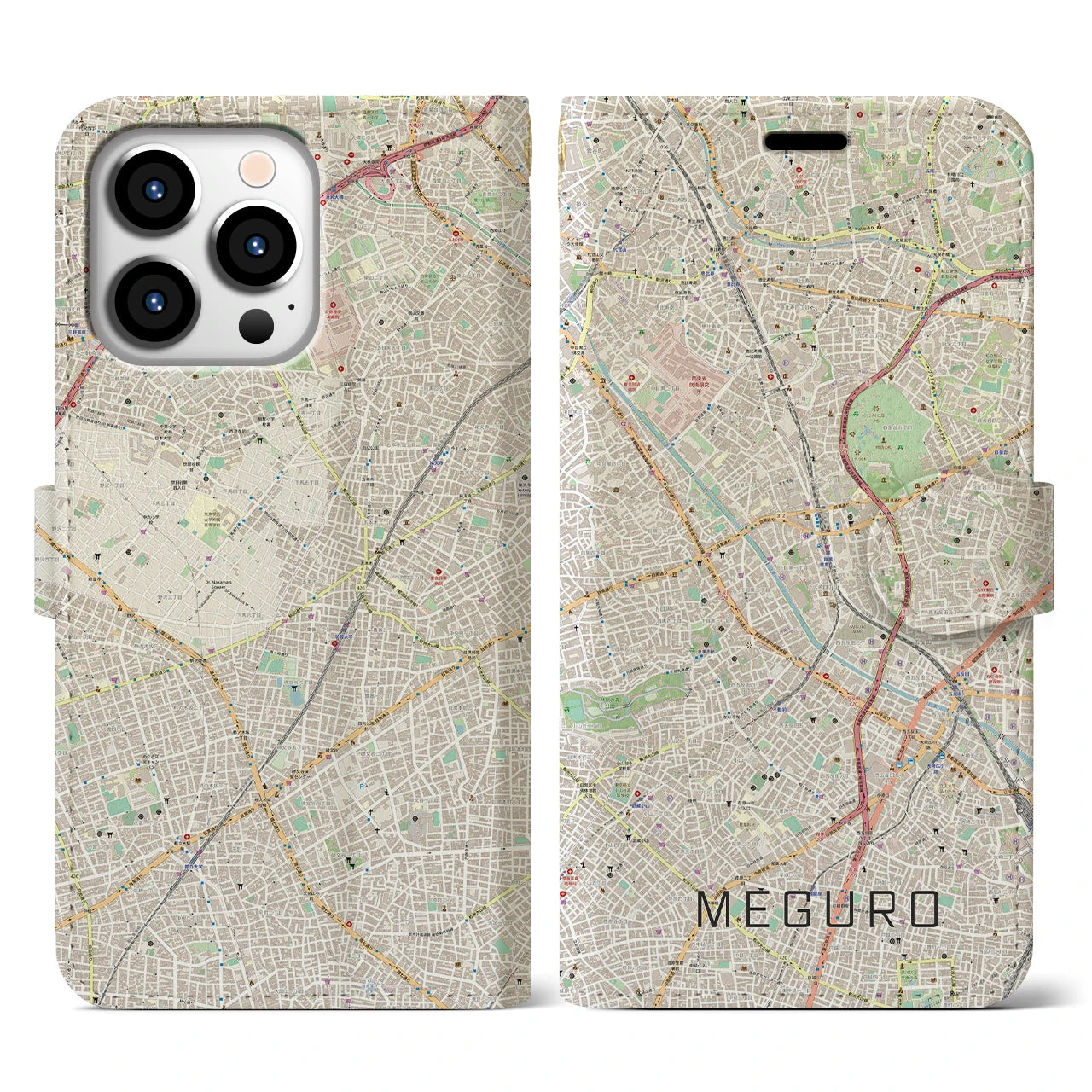 【目黒(東京都)】地図柄iPhoneケース(手帳タイプ)ナチュラル・iPhone 13 Pro 用