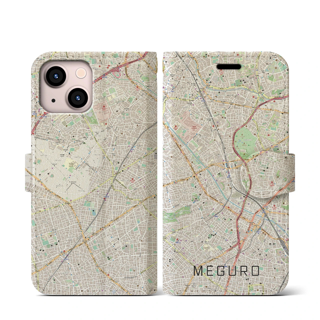 【目黒(東京都)】地図柄iPhoneケース(手帳タイプ)ナチュラル・iPhone 13 mini 用
