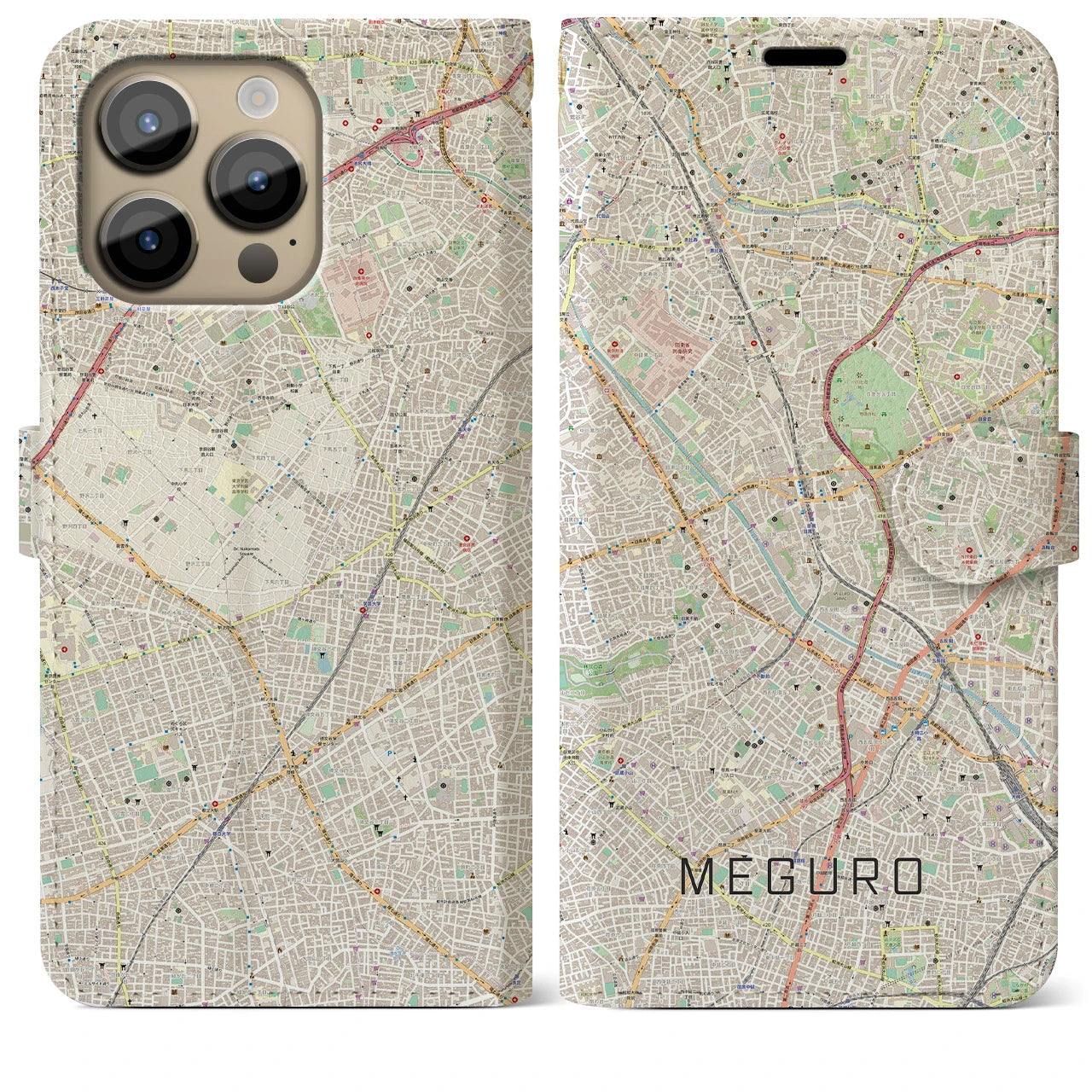 【目黒(東京都)】地図柄iPhoneケース(手帳タイプ)ナチュラル・iPhone 14 Pro Max 用