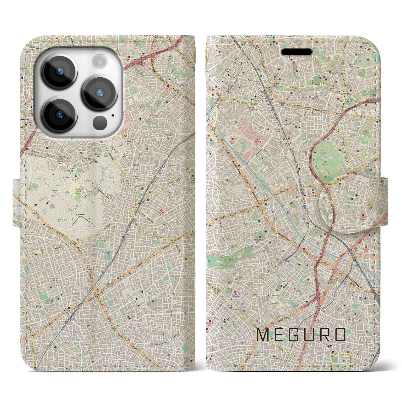 【目黒(東京都)】地図柄iPhoneケース(手帳タイプ)ナチュラル・iPhone 14 Pro 用