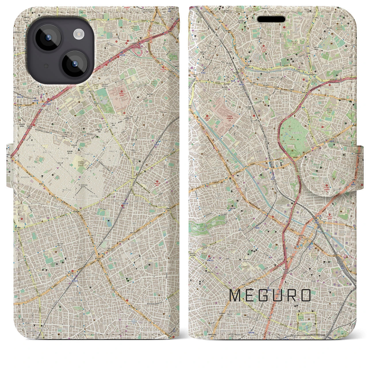 【目黒(東京都)】地図柄iPhoneケース(手帳タイプ)ナチュラル・iPhone 14 Plus 用