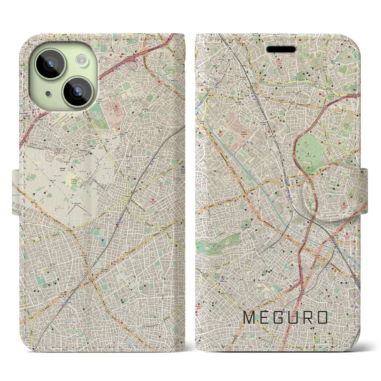 【目黒(東京都)】地図柄iPhoneケース(手帳タイプ)ナチュラル・iPhone 15 用