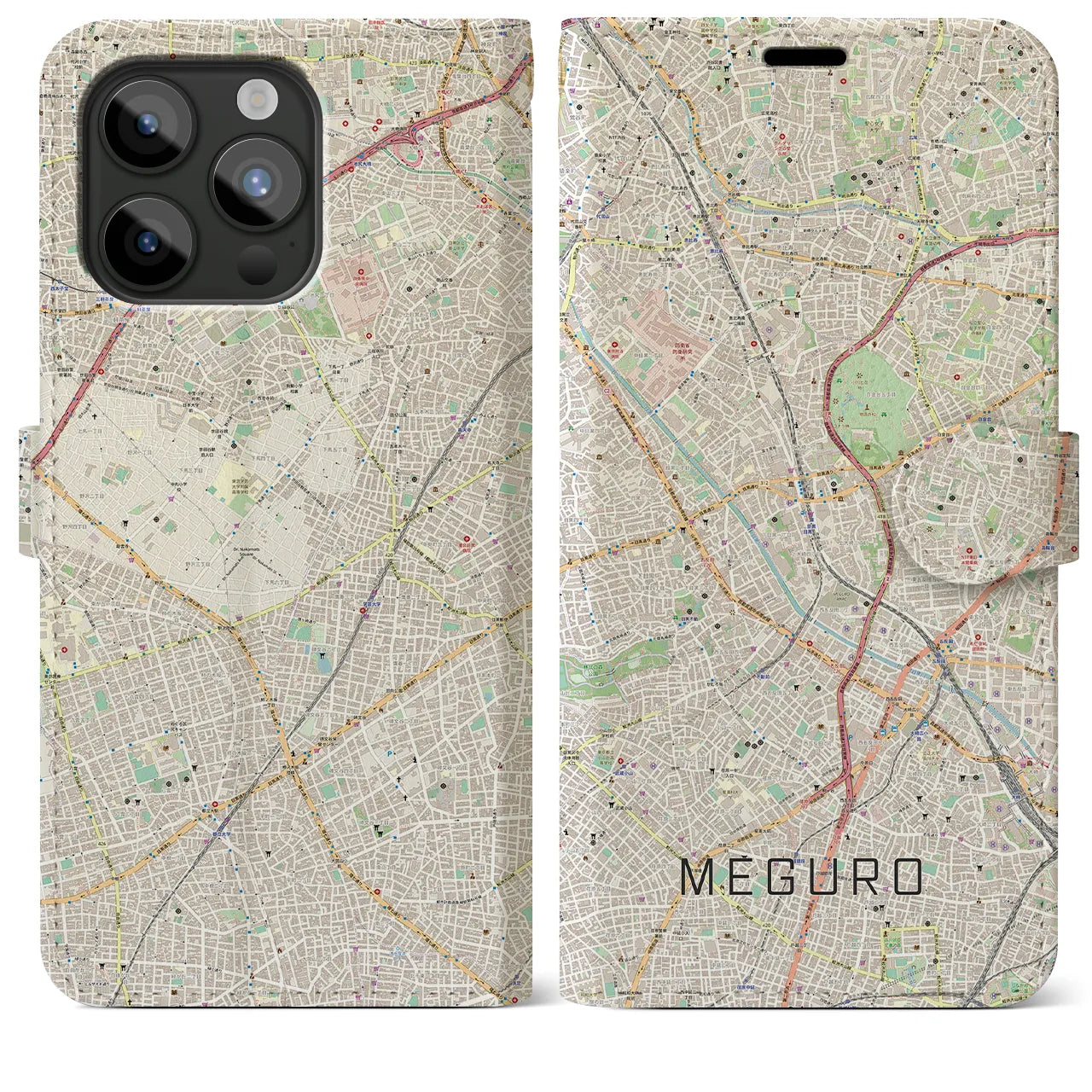 【目黒(東京都)】地図柄iPhoneケース(手帳タイプ)ナチュラル・iPhone 15 Pro Max 用