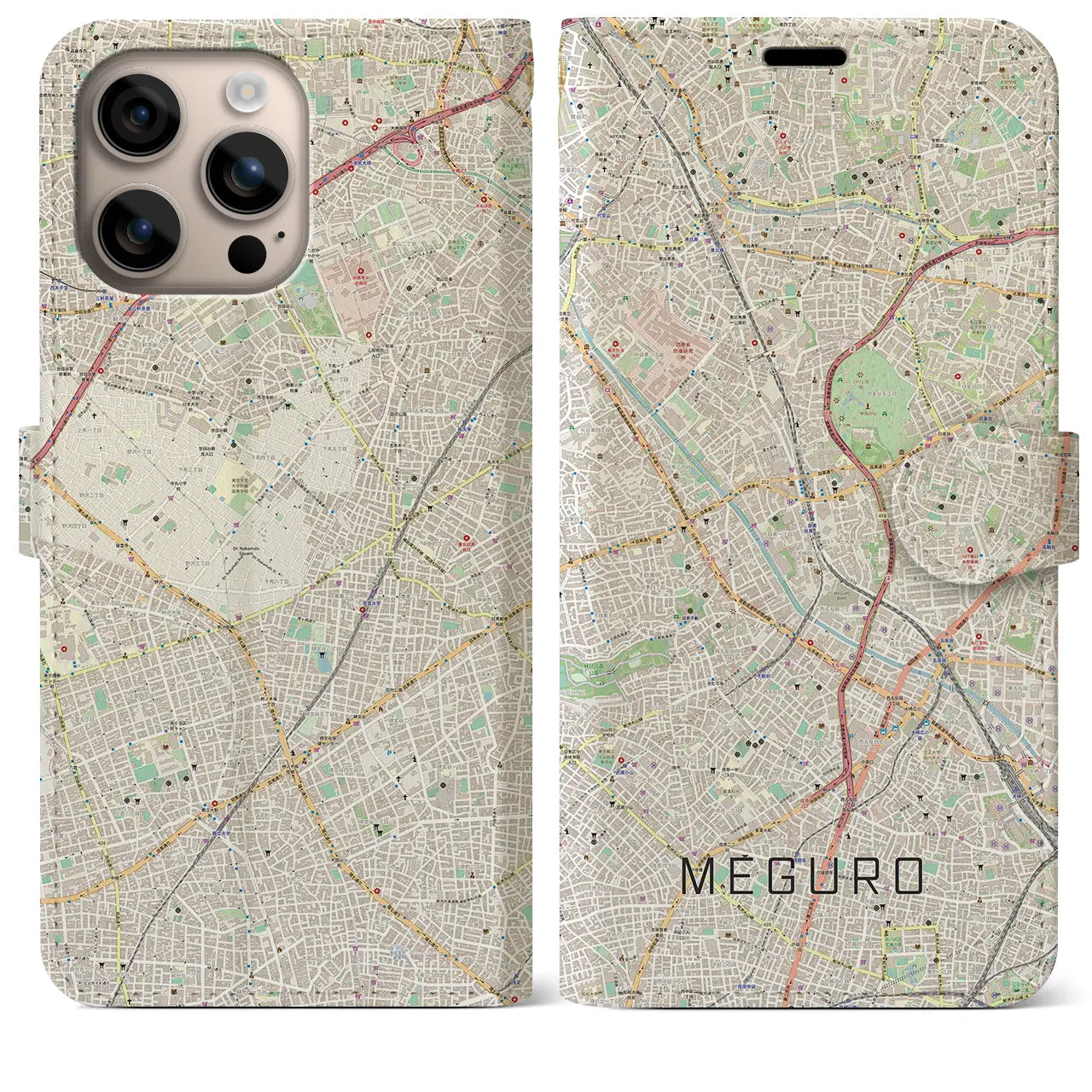【目黒(東京都)】地図柄iPhoneケース(手帳タイプ)ナチュラル・iPhone 16 Plus 用