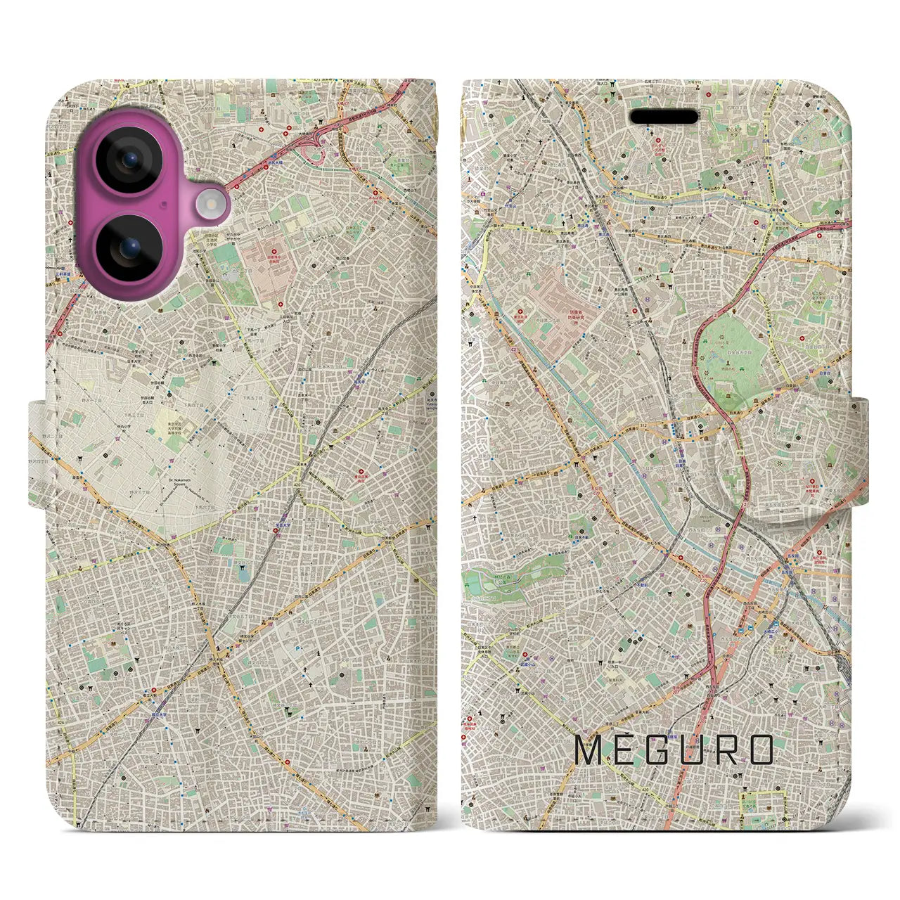 【目黒(東京都)】地図柄iPhoneケース(手帳タイプ)ナチュラル・iPhone 16 Pro 用
