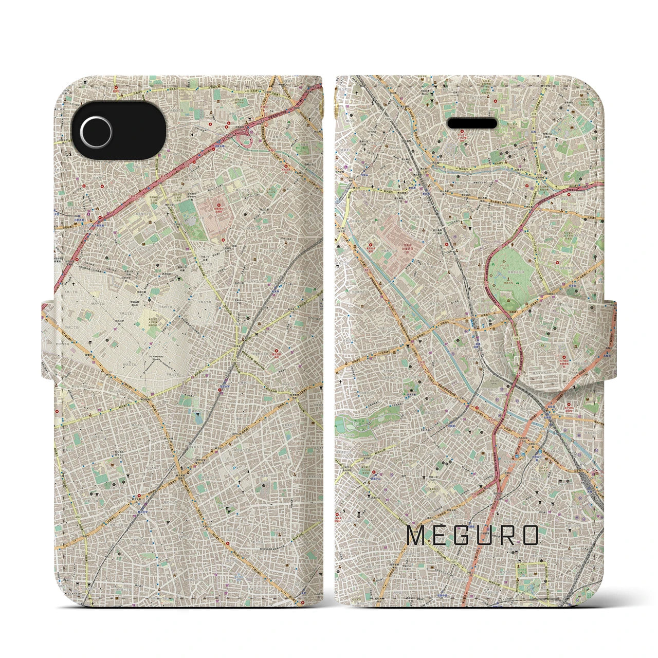 【目黒(東京都)】地図柄iPhoneケース(手帳タイプ)ナチュラル・iPhone SE(第3 / 第2世代) / 8 / 7 / 6s / 6 用