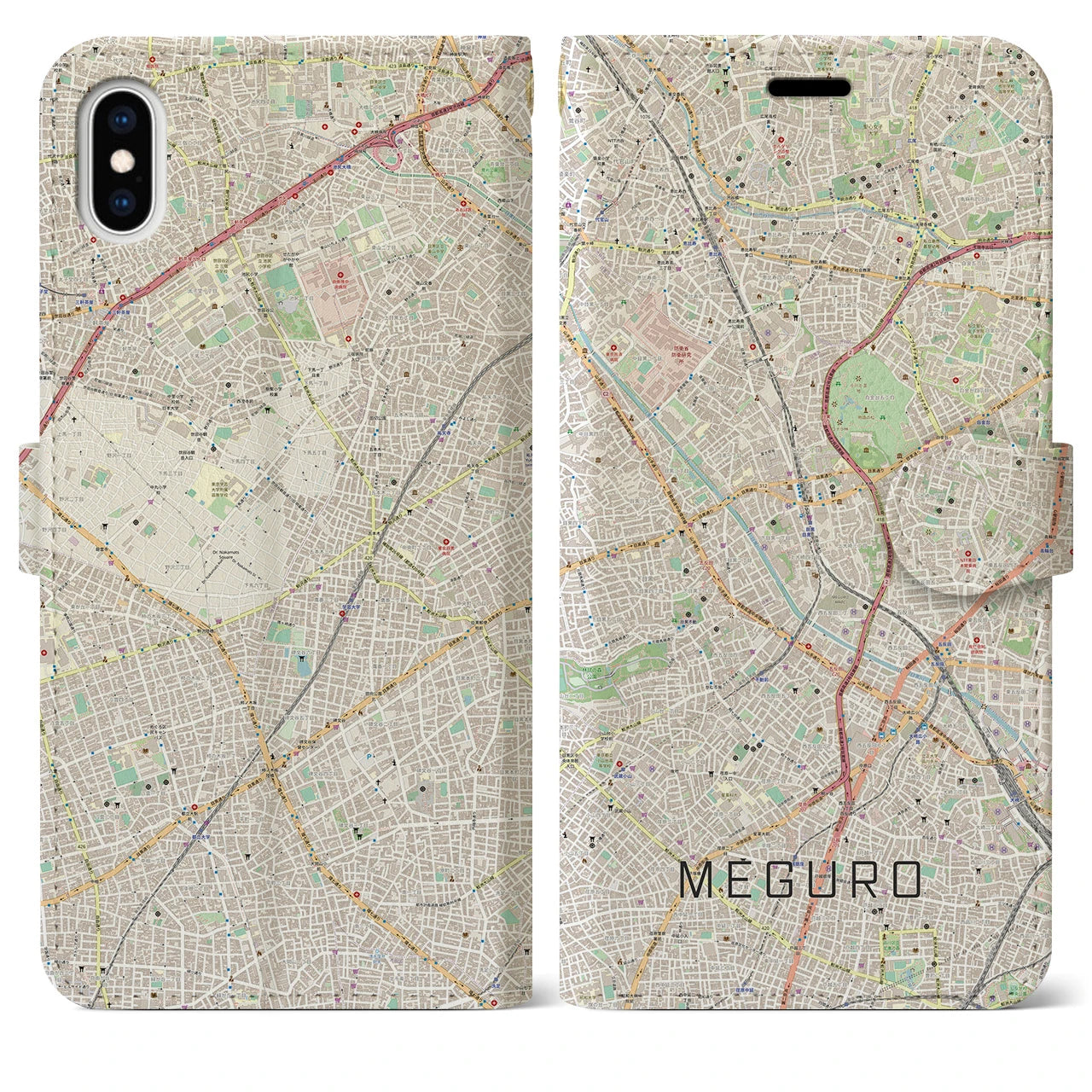 【目黒(東京都)】地図柄iPhoneケース(手帳タイプ)ナチュラル・iPhone XS Max 用