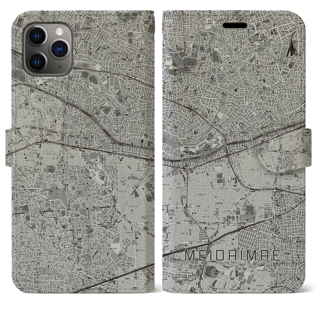 【明大前(東京都)】地図柄iPhoneケース(手帳タイプ)モノトーン・iPhone 11 Pro Max 用
