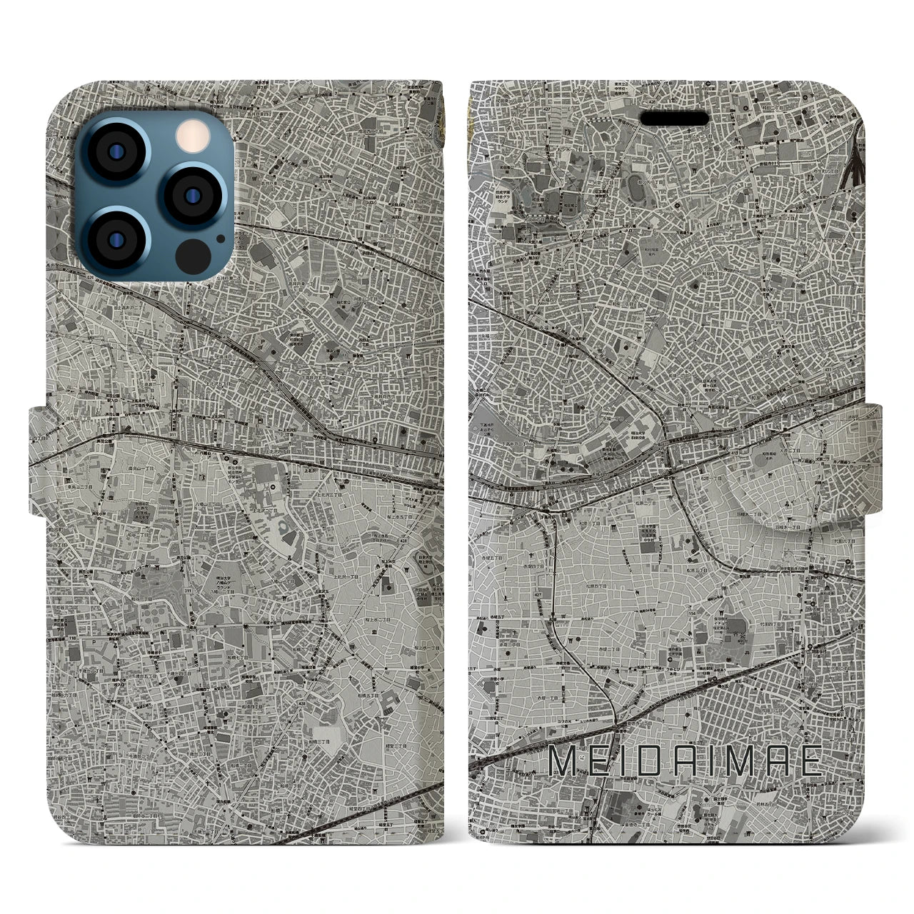 【明大前(東京都)】地図柄iPhoneケース(手帳タイプ)モノトーン・iPhone 12 / 12 Pro 用