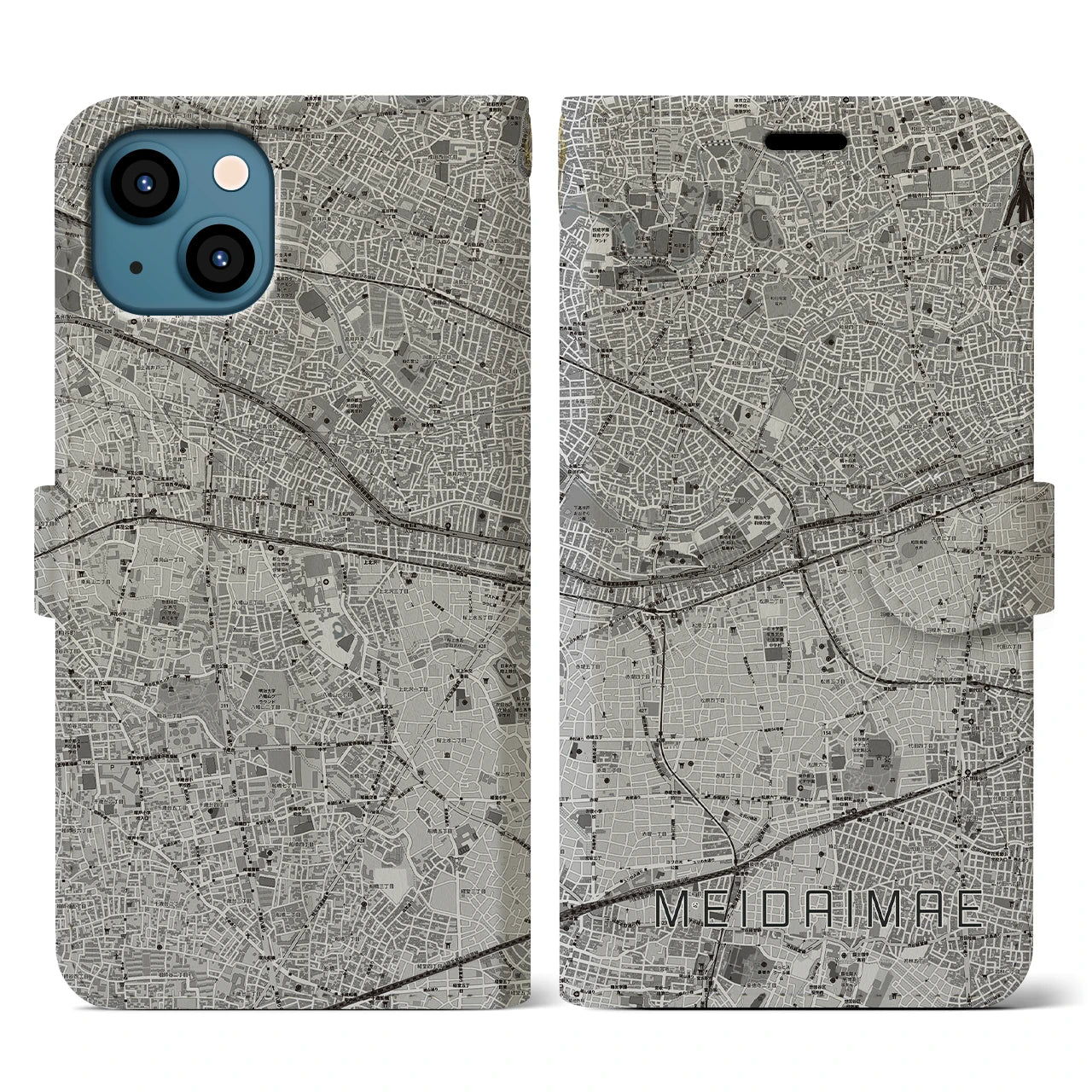 【明大前(東京都)】地図柄iPhoneケース(手帳タイプ)モノトーン・iPhone 13 用