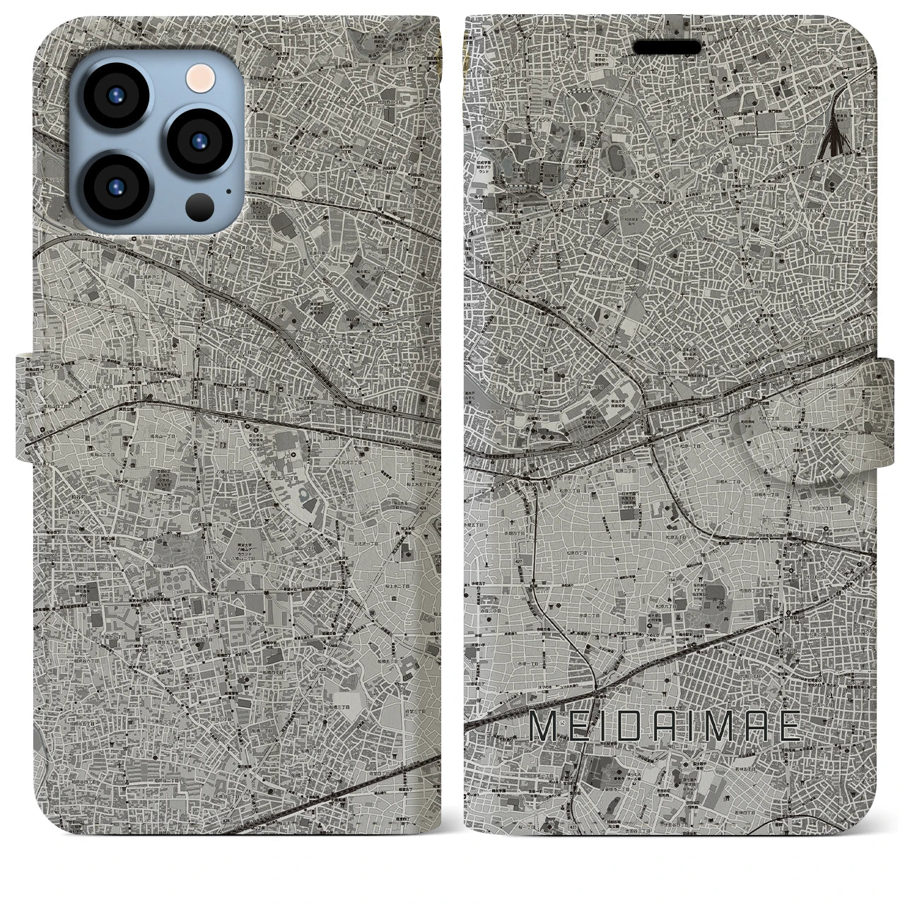 【明大前(東京都)】地図柄iPhoneケース(手帳タイプ)モノトーン・iPhone 13 Pro Max 用