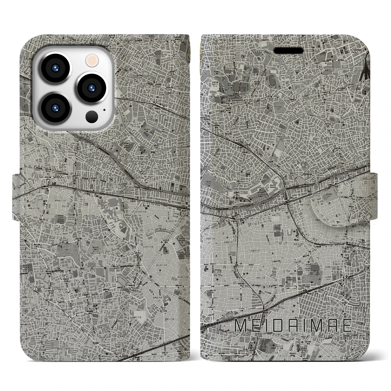 【明大前(東京都)】地図柄iPhoneケース(手帳タイプ)モノトーン・iPhone 13 Pro 用
