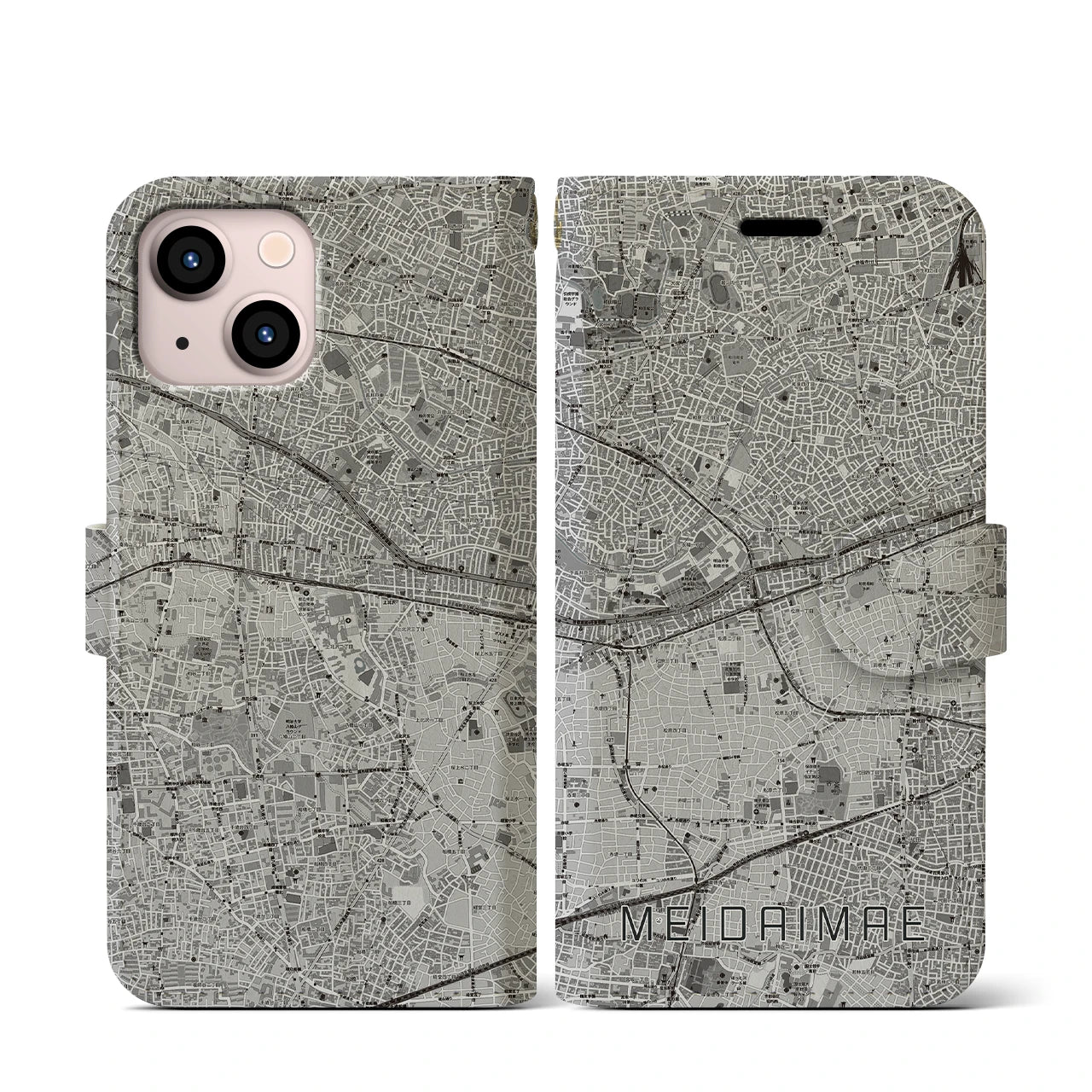 【明大前(東京都)】地図柄iPhoneケース(手帳タイプ)モノトーン・iPhone 13 mini 用