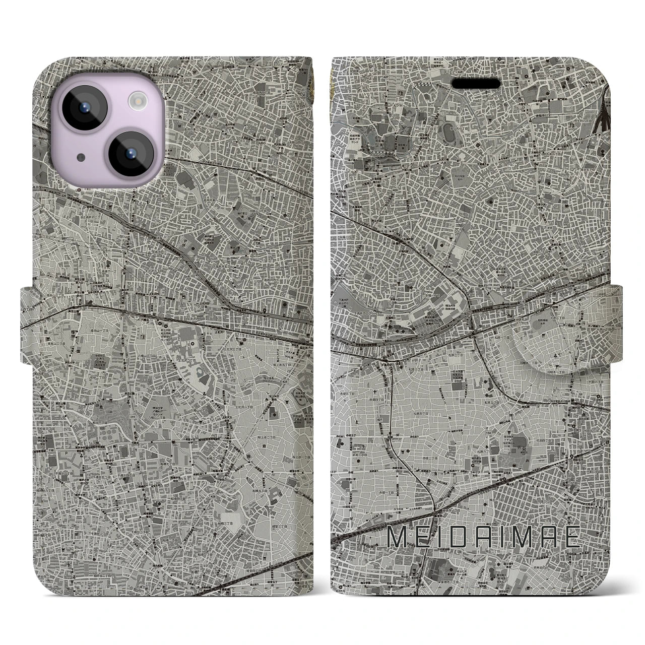 【明大前(東京都)】地図柄iPhoneケース(手帳タイプ)モノトーン・iPhone 14 用