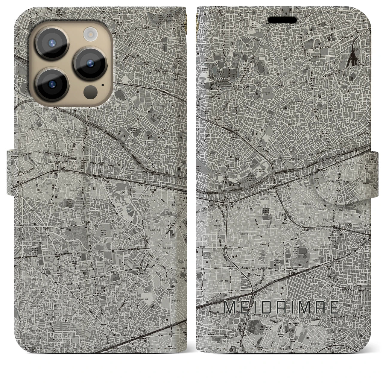 【明大前(東京都)】地図柄iPhoneケース(手帳タイプ)モノトーン・iPhone 14 Pro Max 用