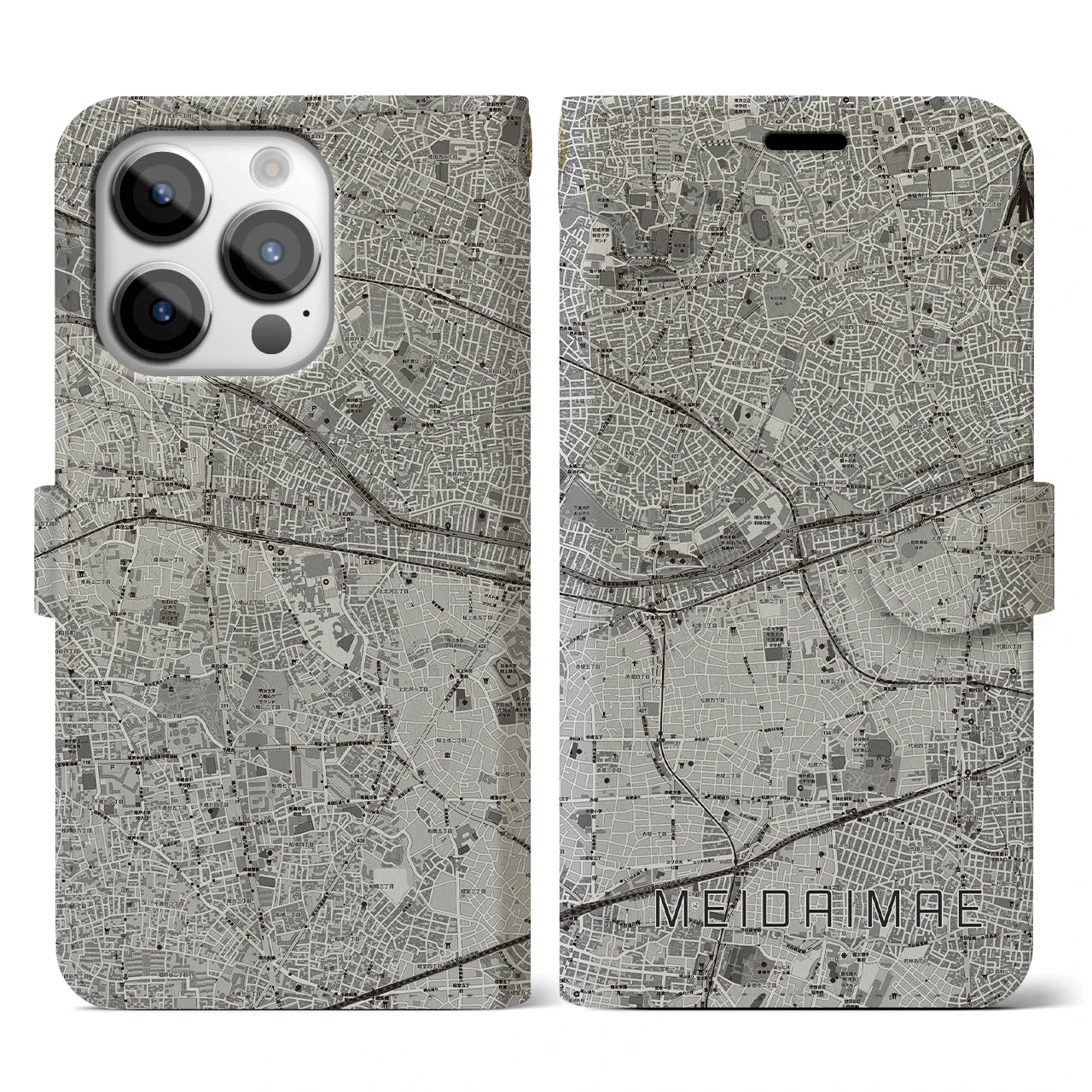 【明大前(東京都)】地図柄iPhoneケース(手帳タイプ)モノトーン・iPhone 14 Pro 用