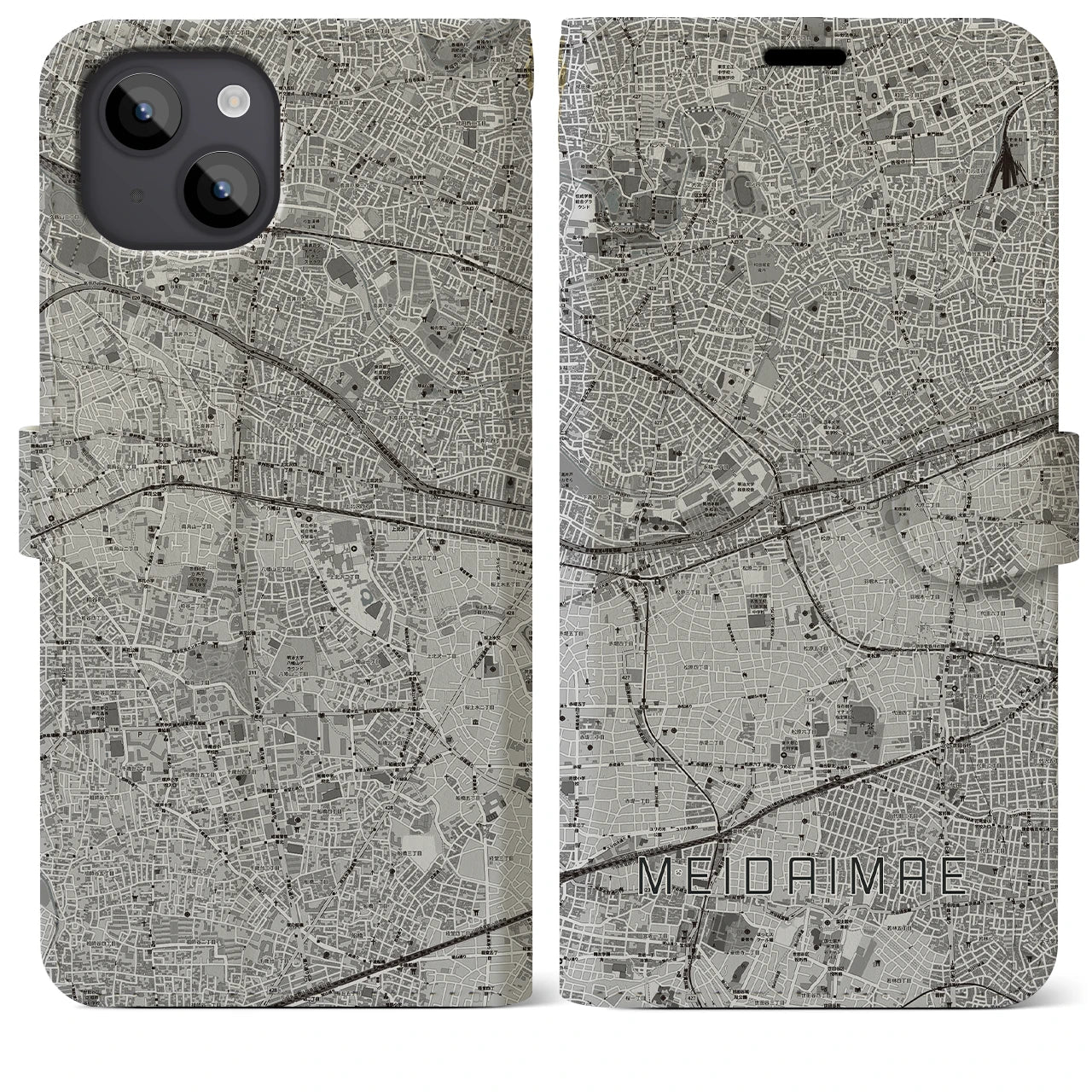 【明大前(東京都)】地図柄iPhoneケース(手帳タイプ)モノトーン・iPhone 14 Plus 用