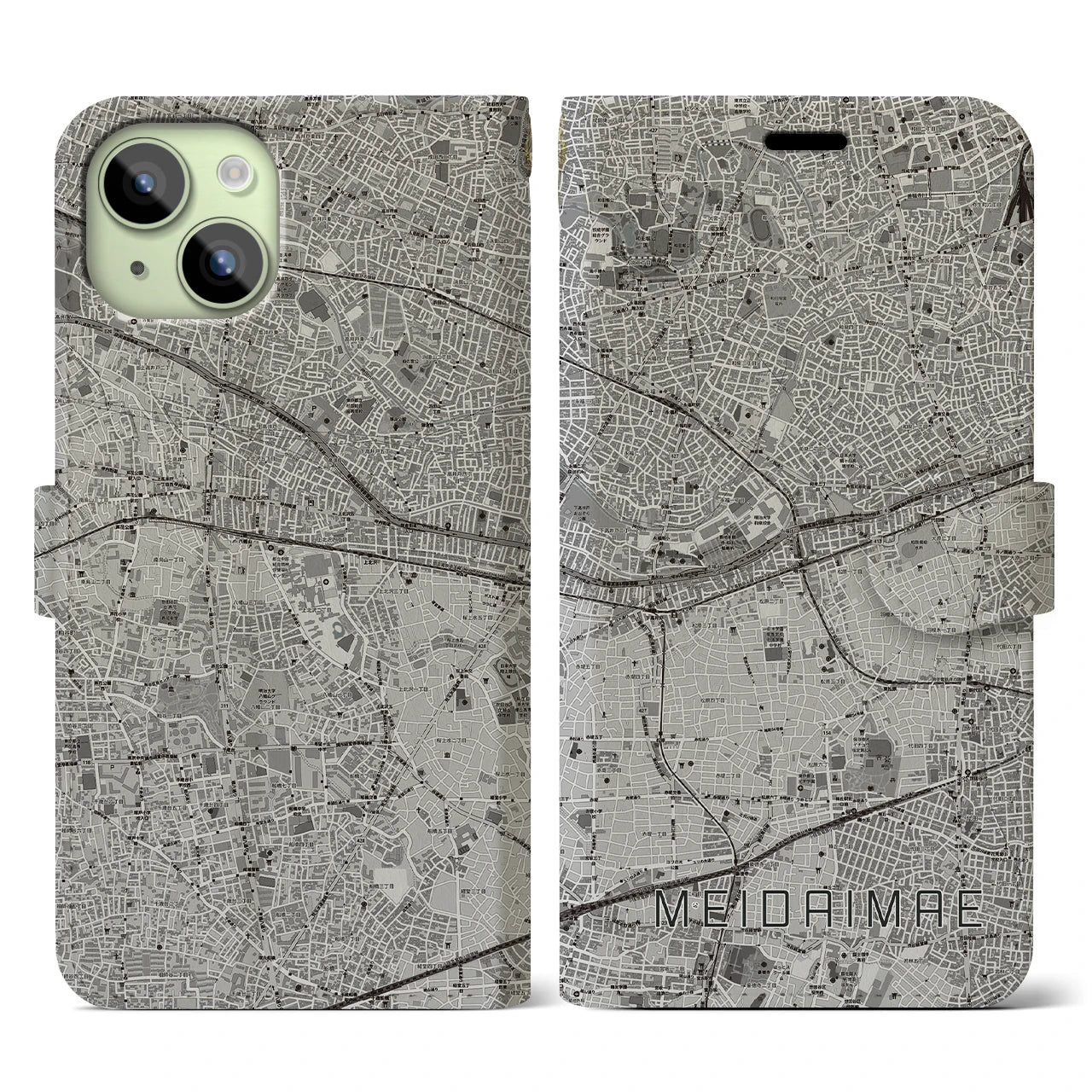 【明大前(東京都)】地図柄iPhoneケース(手帳タイプ)モノトーン・iPhone 15 用