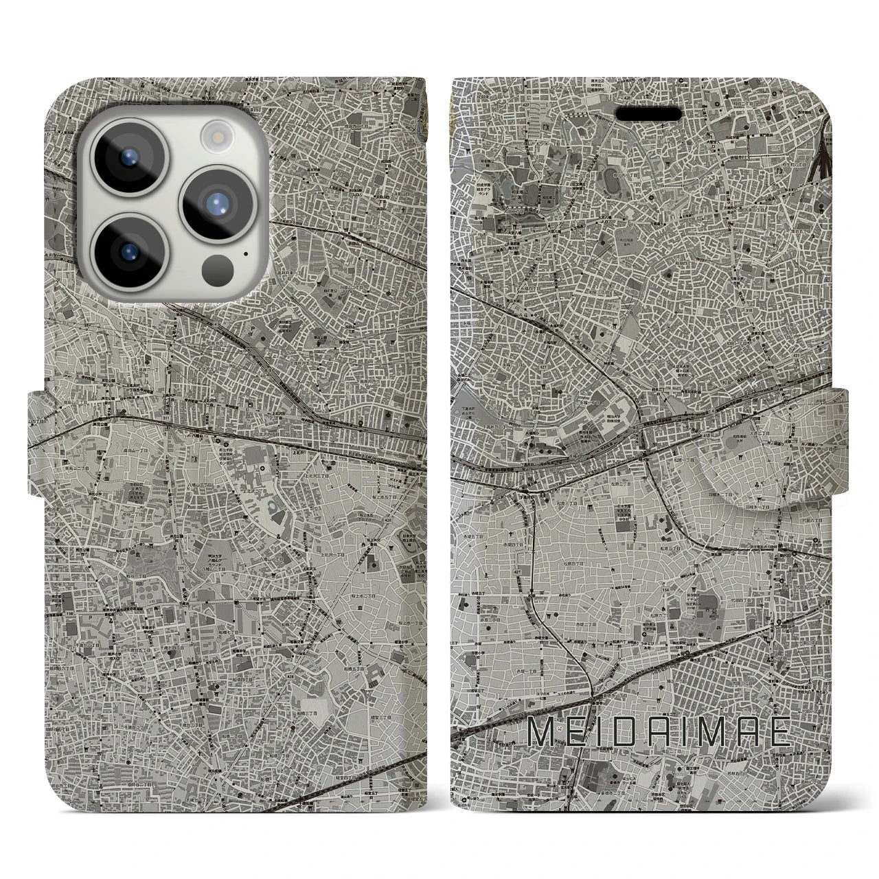 【明大前(東京都)】地図柄iPhoneケース(手帳タイプ)モノトーン・iPhone 15 Pro 用