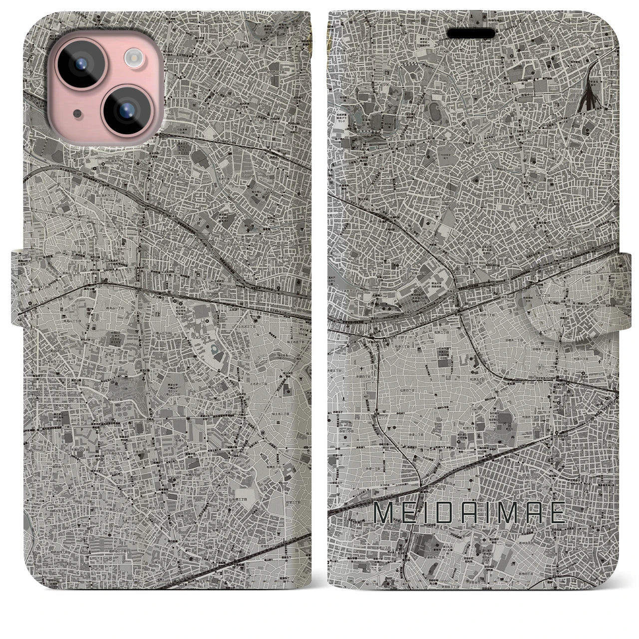 【明大前(東京都)】地図柄iPhoneケース(手帳タイプ)モノトーン・iPhone 15 Plus 用