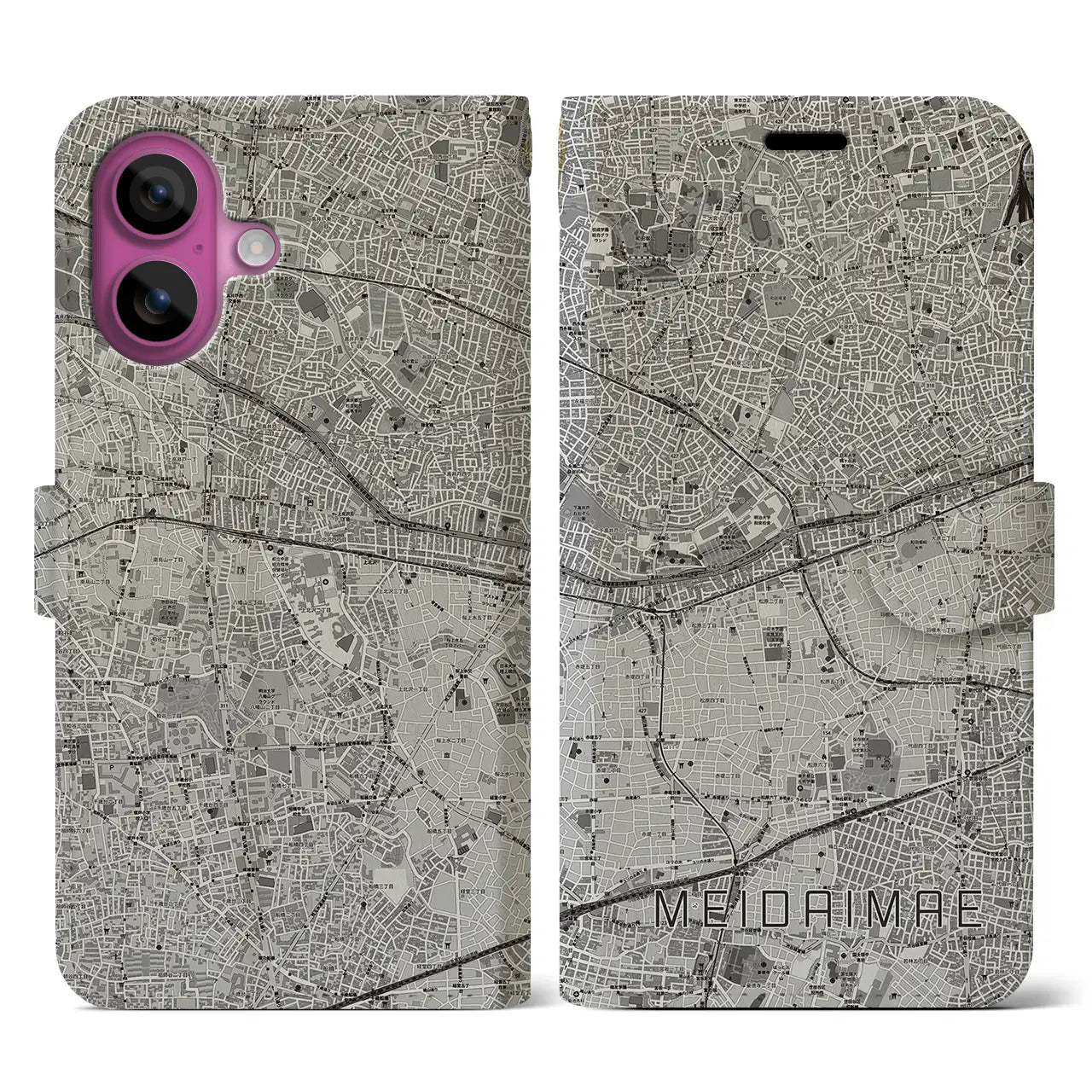 【明大前(東京都)】地図柄iPhoneケース(手帳タイプ)モノトーン・iPhone 16 Pro 用